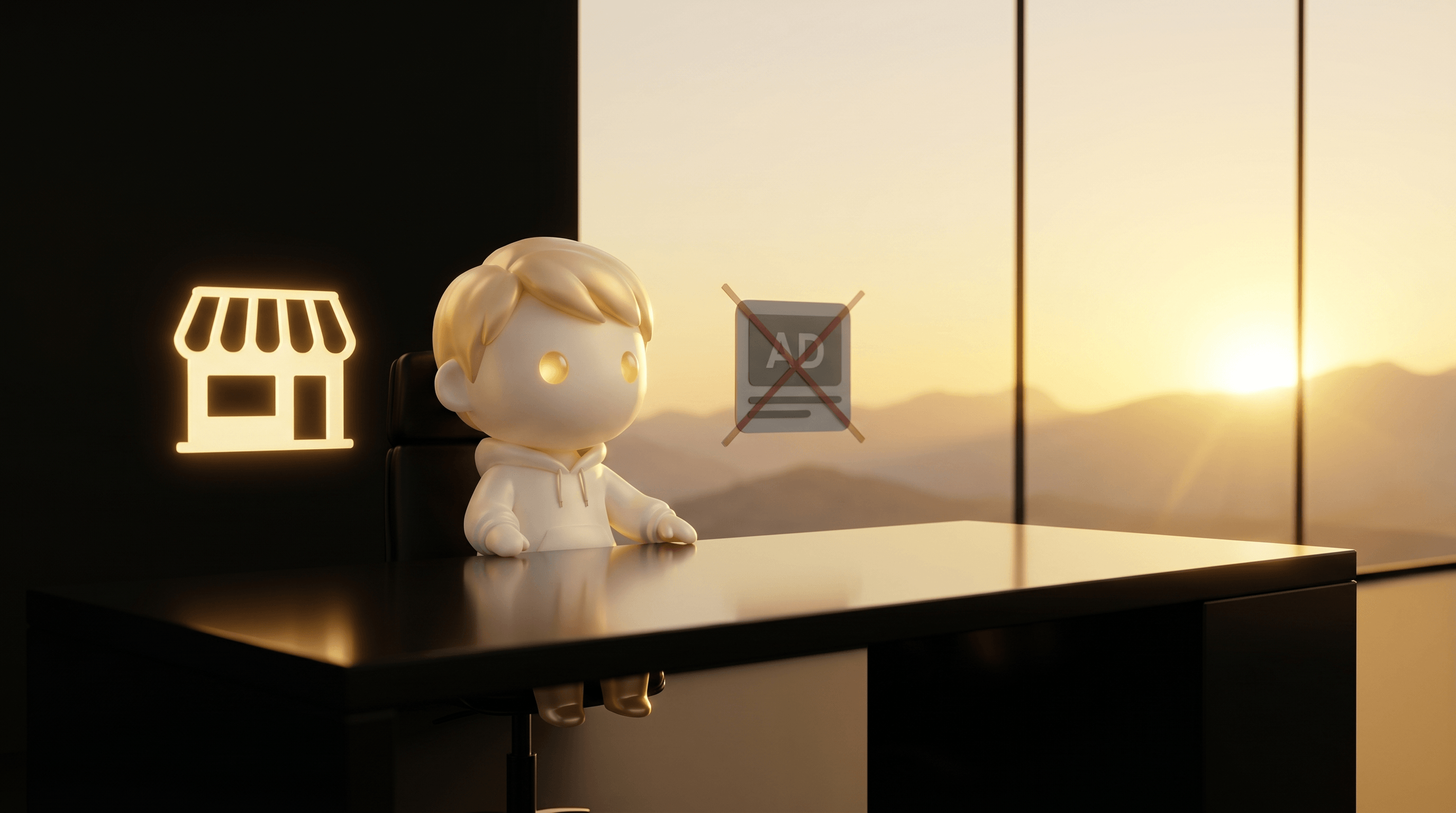 A wide quiet operator workspace at golden-hour dawn with the Godmode mascot at a clean obsidian desk, a dim grey ad creative tile with red strikethrough on the right (cancelled), a glowing gold storefront silhouette on the left (kept), golden sunrise breaking through a panoramic window