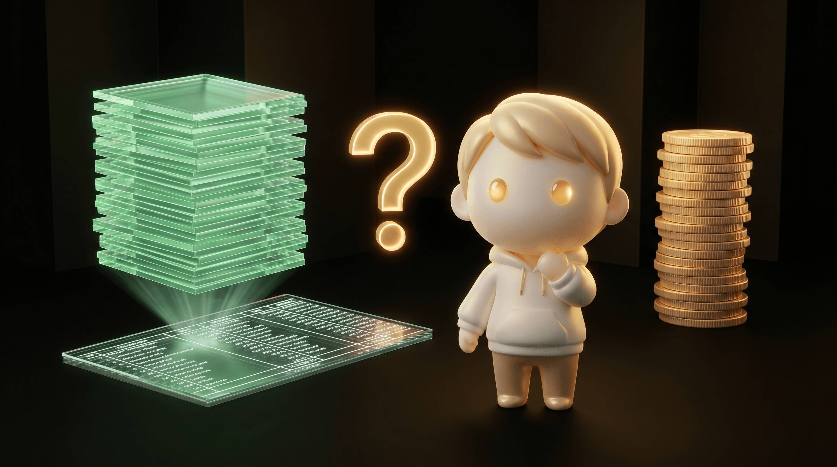 A holographic ledger floating in dark studio with one tall translucent green stack representing monthly cost beside a slightly smaller stack of warm gold coins representing value returned, the Godmode mascot calmly evaluating