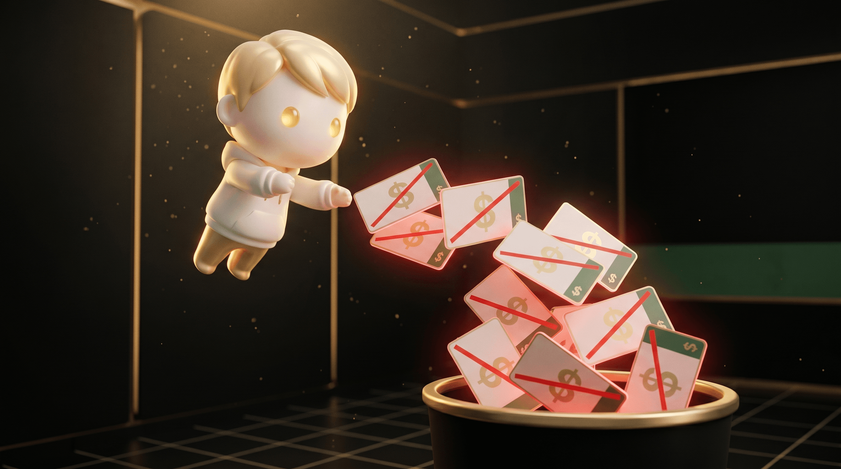 A pile of strikethrough abstract subscription cards being swept off a desk into a gold-rimmed obsidian wastebin, the Godmode mascot sweeping with a calm decisive posture