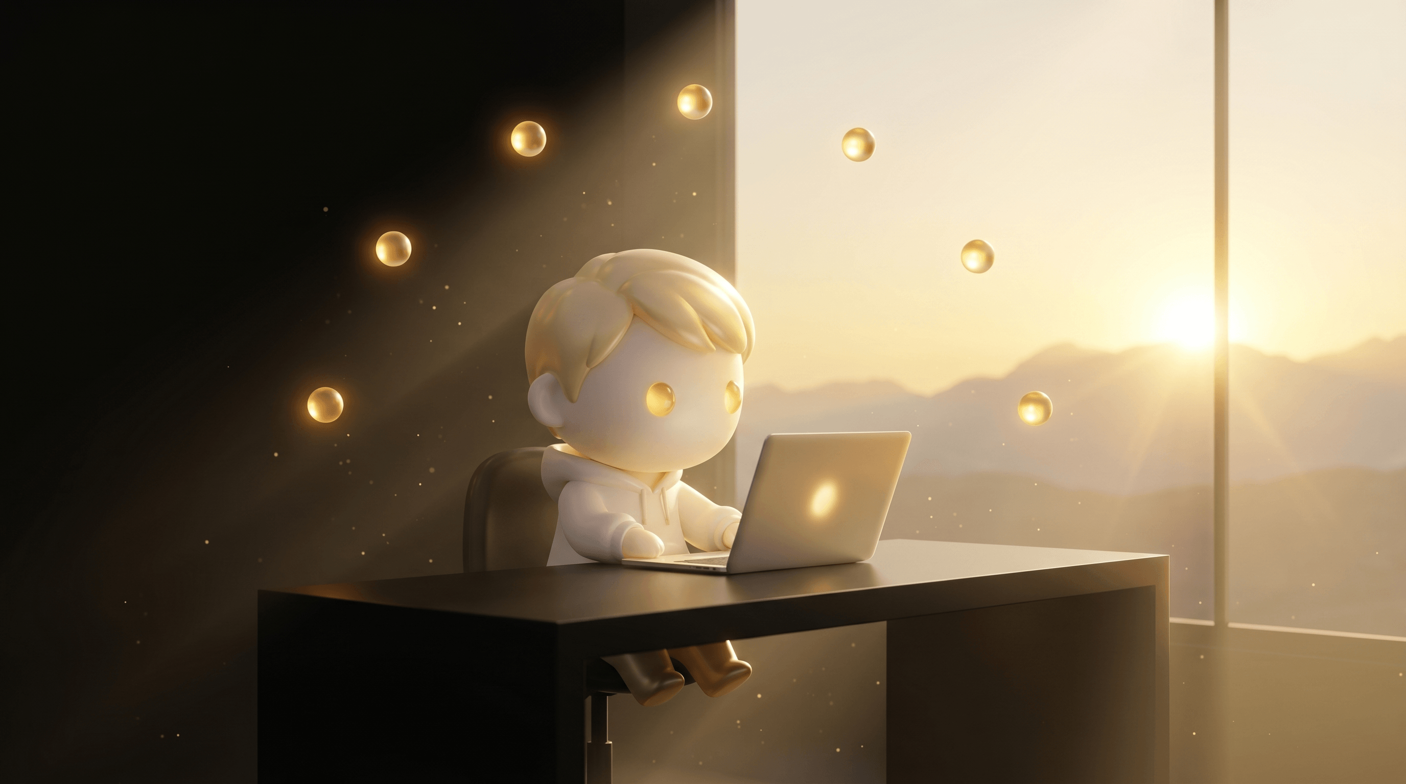 A wide quiet operator workspace at dawn with the Godmode mascot at a clean obsidian desk, exactly 7 small glowing gold orbs floating above the desk, golden sunrise pouring through a panoramic window