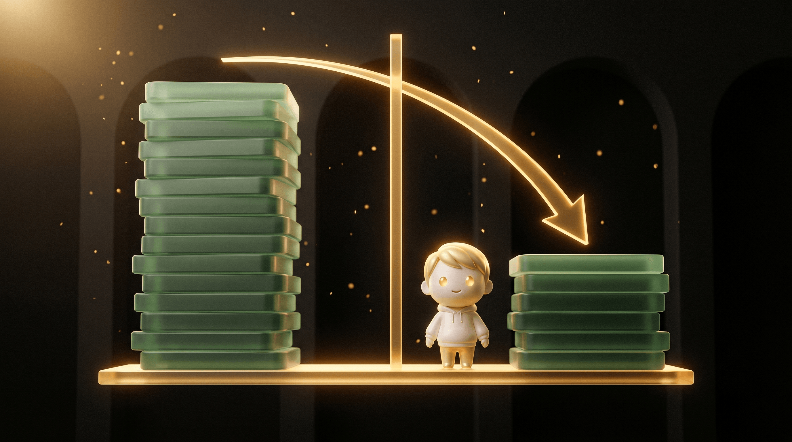 A holographic ledger floating in a dark studio with two columns: a tall stack of translucent green tiles on the left representing the old higher cost, a much shorter stack on the right representing the new lower cost, the Godmode mascot on a platform between them