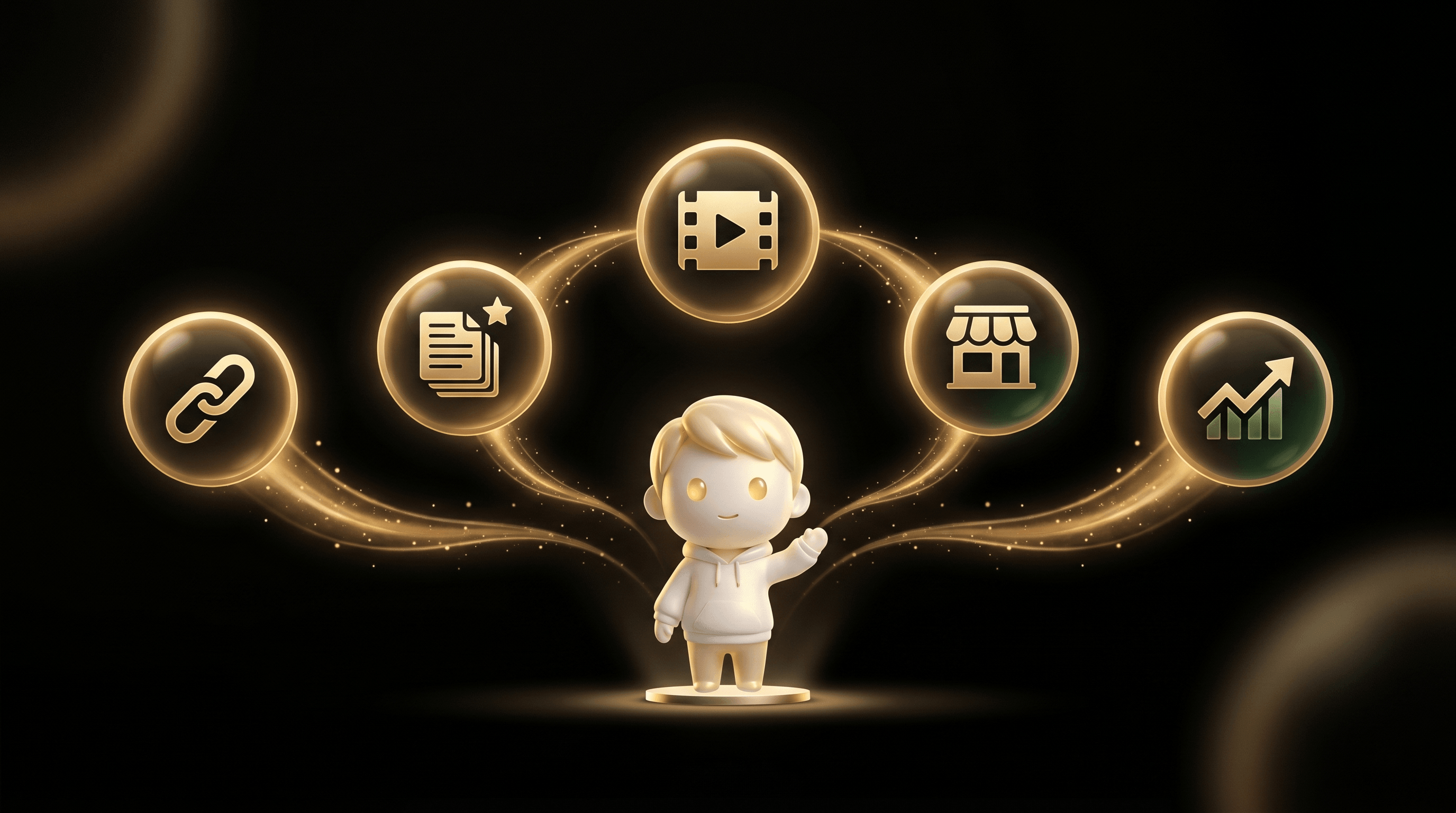 A horizontal flow diagram with 5 floating glowing nodes connected by gold light streams, representing input URL โ AI page generation โ AI video โ live store โ analytics, the Godmode mascot conducting from below