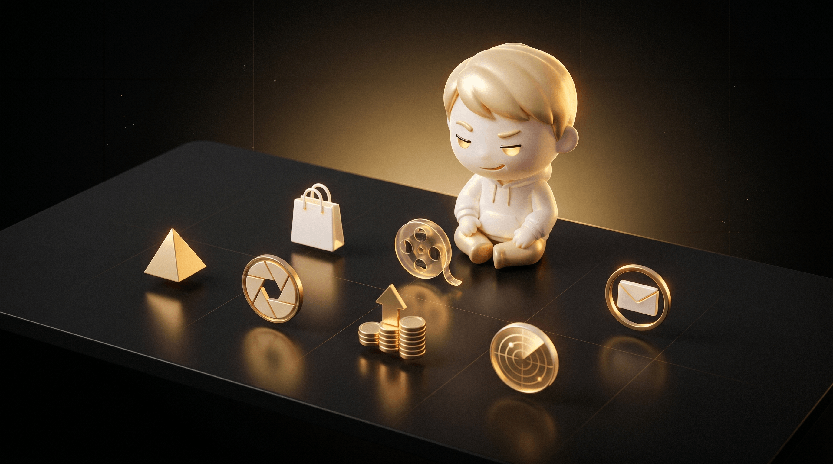 Top-down 3/4 view of a sleek matte-black operator desk with 7 distinct softly glowing iconographic objects, the Godmode mascot sitting cross-legged on the desk approving