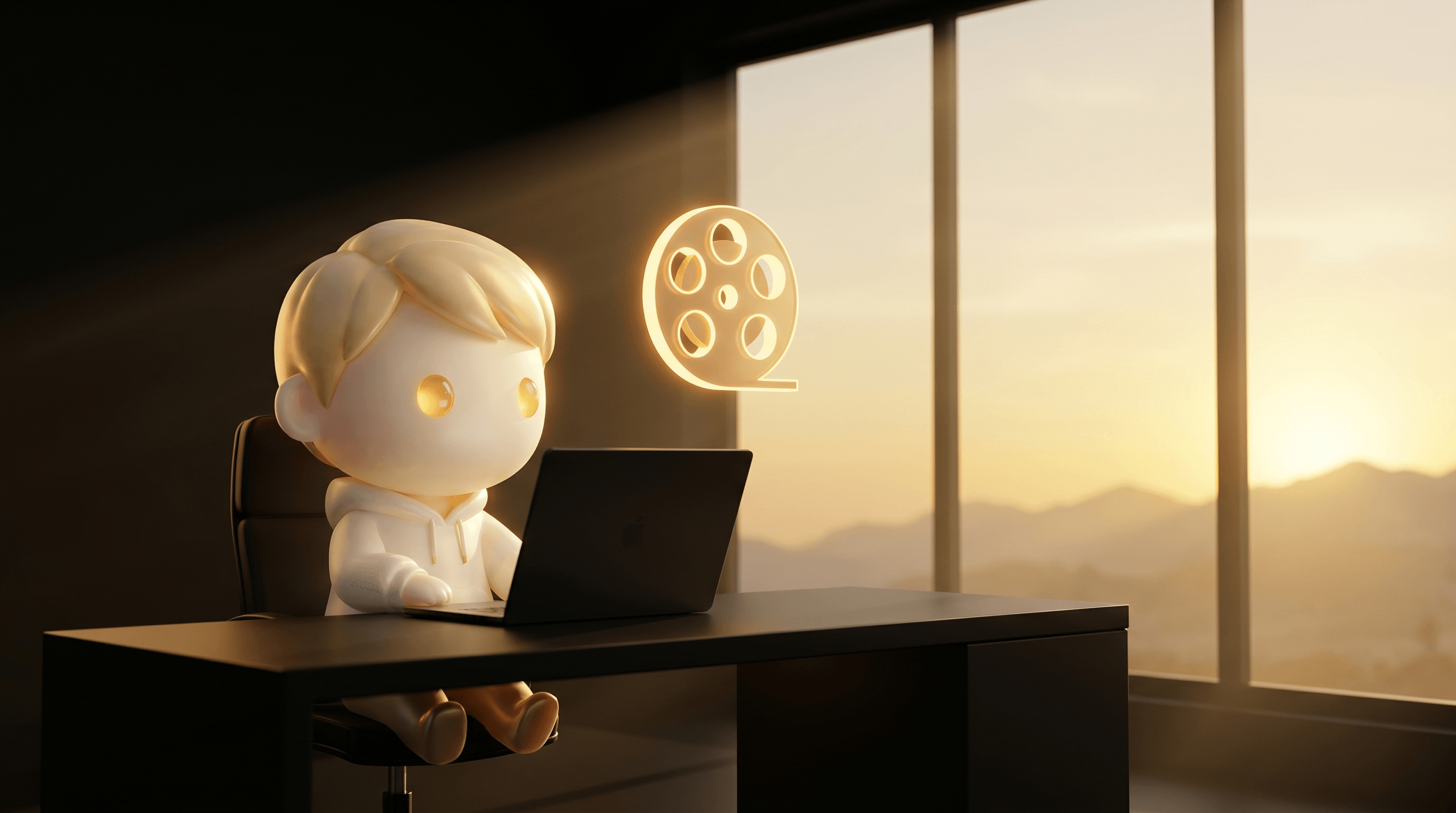 A wide quiet operator workspace at dawn with the Godmode mascot at a clean obsidian desk, a single glowing warm gold film-reel glyph floating above the desk, golden sunrise breaking through a panoramic window