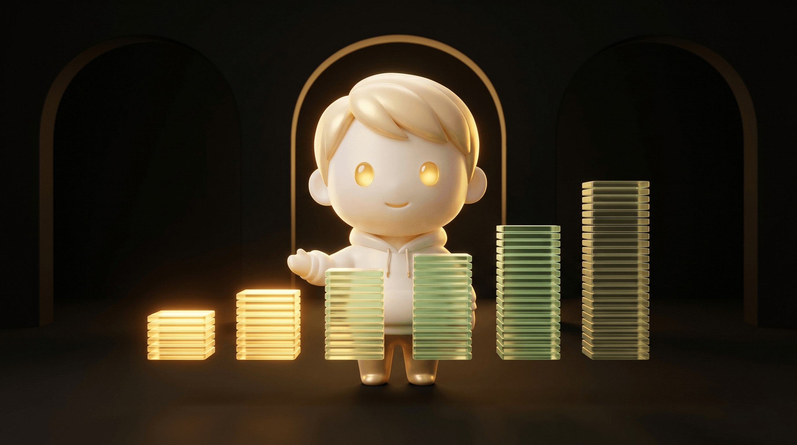 A holographic ledger floating in dark studio with 6 vertical translucent tile stacks of different heights representing per-render costs, the shortest gold and brightest, the Godmode mascot gesturing toward them