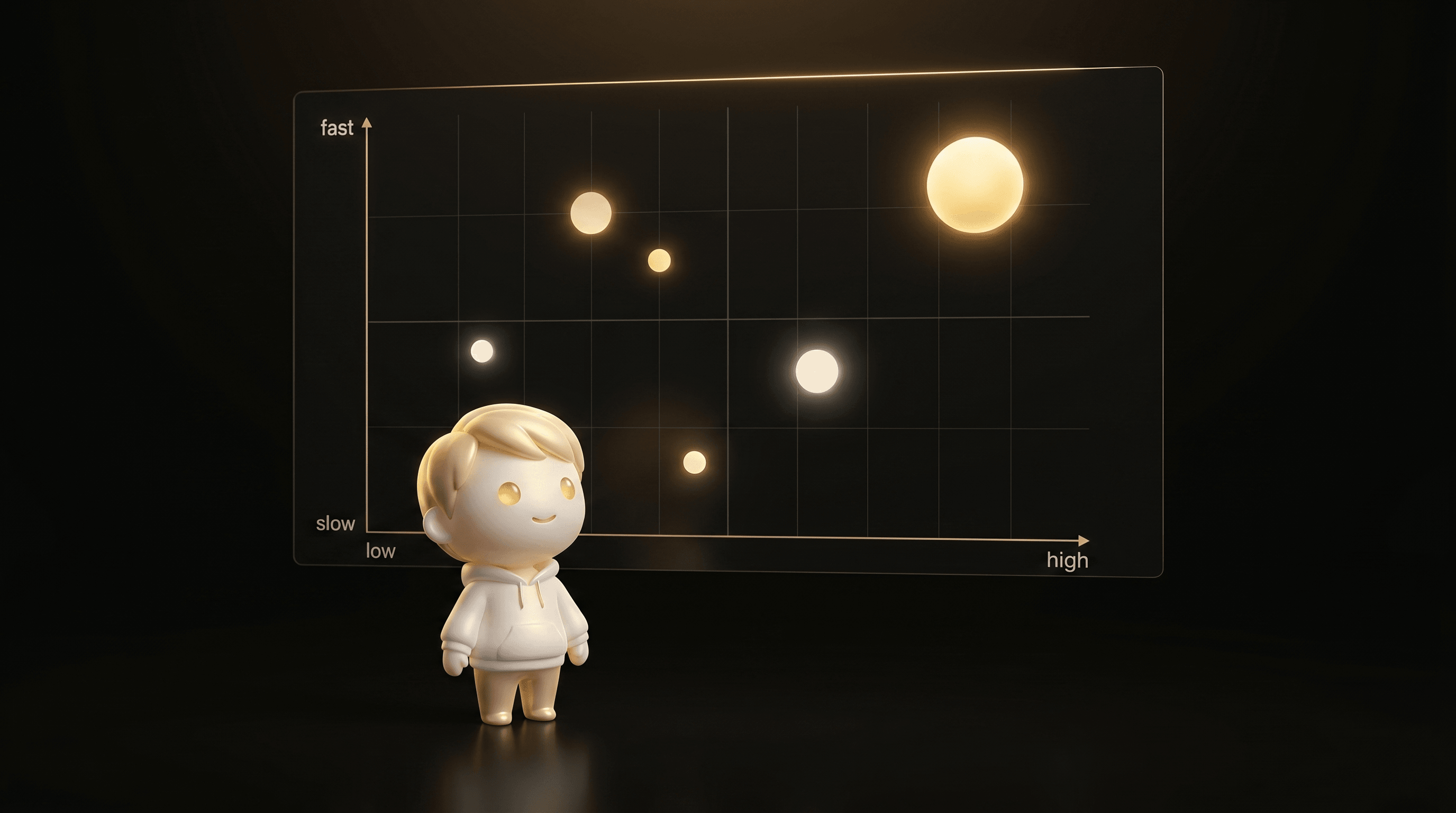 A holographic 2-axis chart with quality on horizontal axis and speed on vertical axis, 6 floating dots scattered across with the brightest largest in the upper-right quadrant, the Godmode mascot calmly looking at the chart