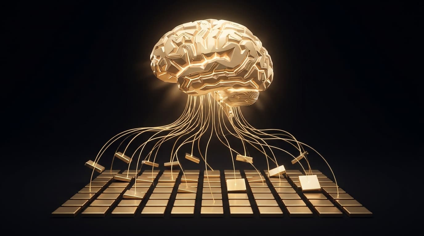A glowing AI brain arranging tile fragments into an ordered grid below it