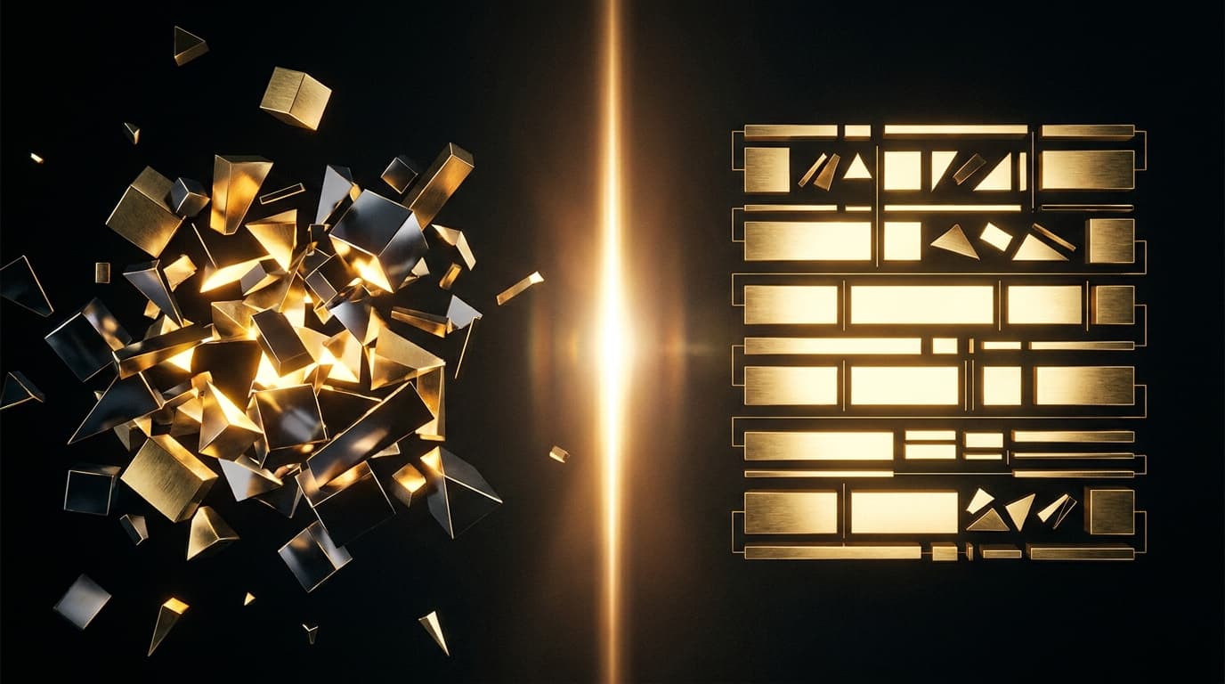 A scattered chaotic page on the left versus a perfectly ordered product page structure on the right