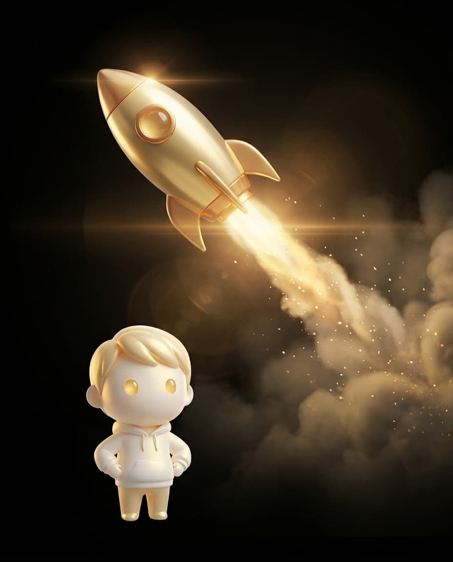 The Godmode mascot watching a gold rocket launch upward
