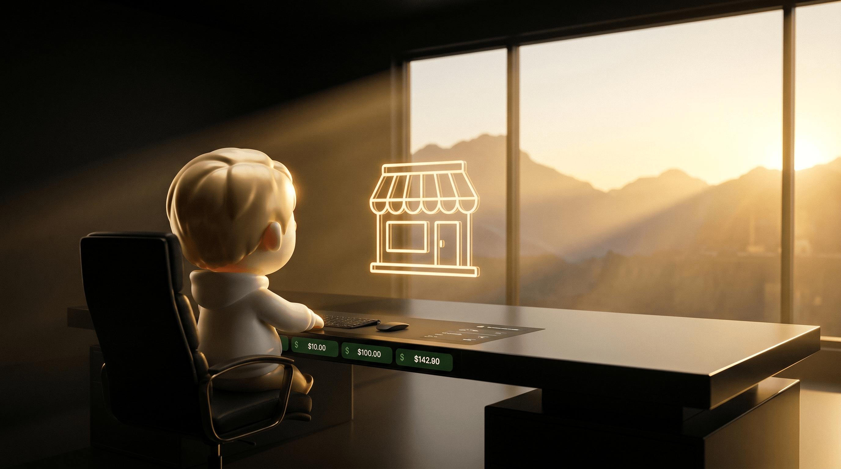 A wide quiet operator workspace at golden-hour dawn with the Godmode mascot at a clean obsidian desk reviewing a single softly glowing storefront silhouette, golden sunrise breaking through a panoramic window