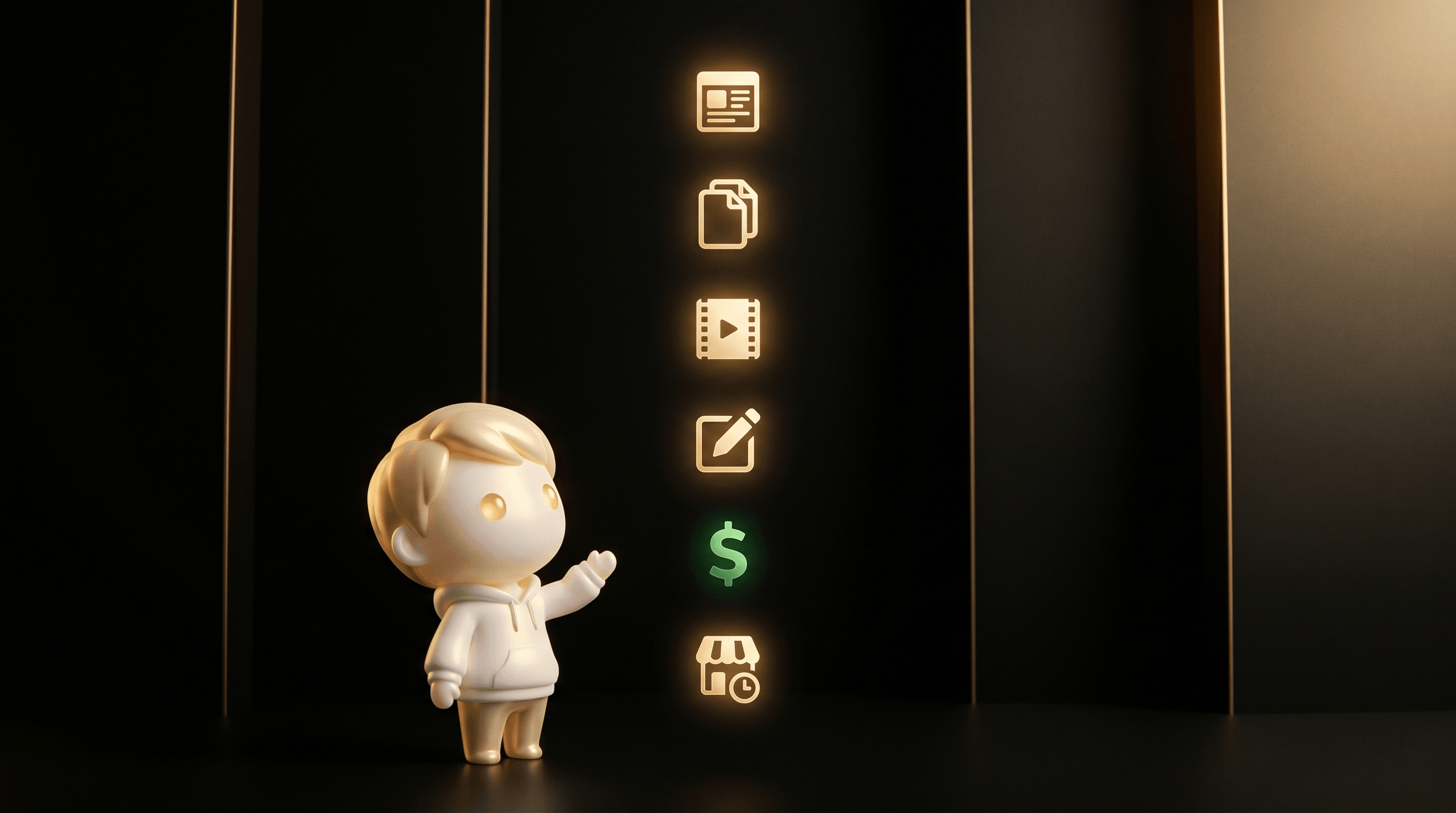 A floating holographic scoring rubric with 6 distinct glowing icons stacked vertically, the Godmode mascot looking up gesturing across them