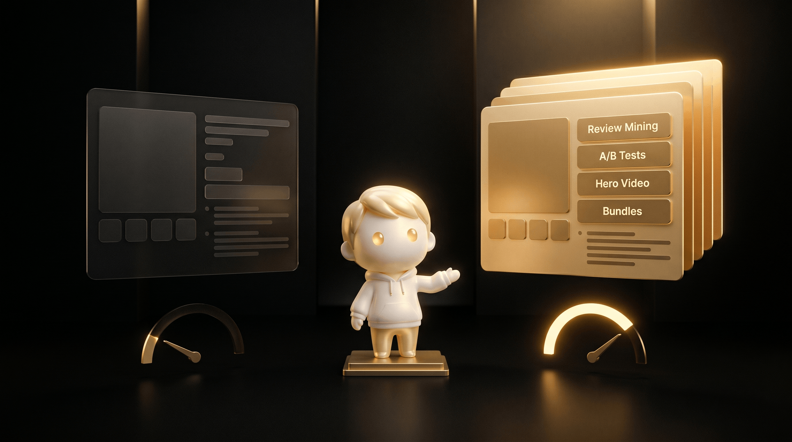 Split-frame: on the left a generic page with a small dim conversion gauge, on the right the same page in glowing gold with extra layers (review-mining, A/B test patterns, hero video, upsell) and a tall warm gold gauge, the Godmode mascot between them