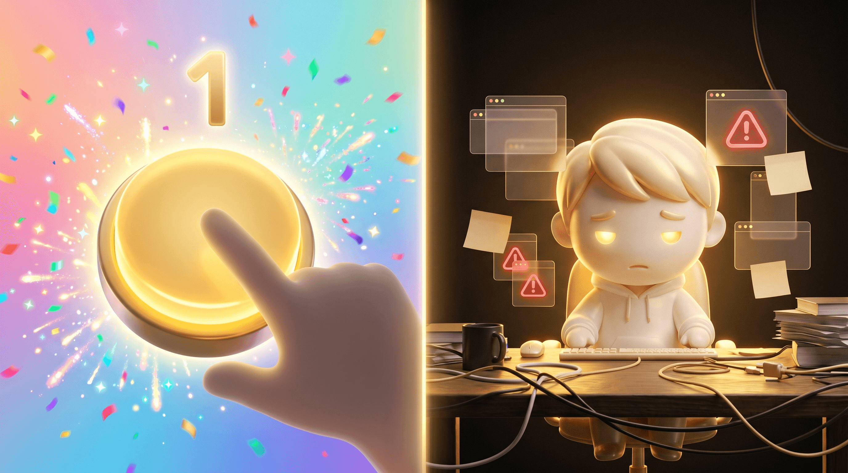 Split-frame: on the left a giant glowing button with sparkles being pressed (the marketing fantasy), on the right a tired Godmode mascot at a real desk surrounded by edits and error icons (the actual operator reality)