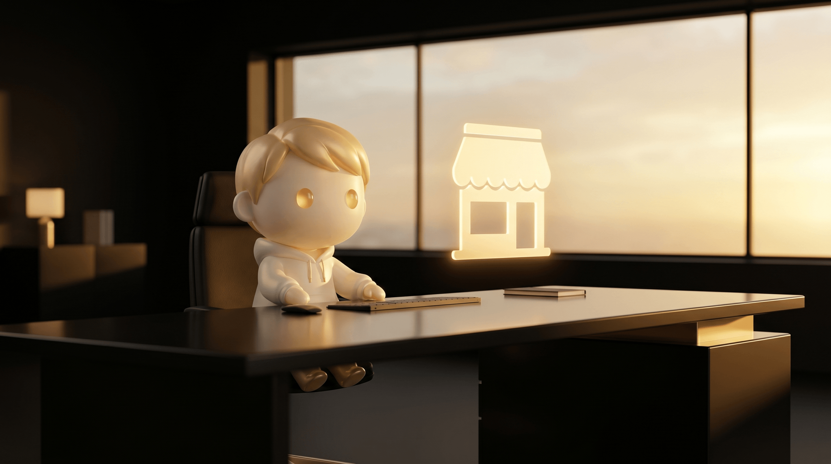 A wide quiet operator workspace at golden-hour dawn with the Godmode mascot at a clean obsidian desk and a single glowing storefront silhouette floating above, golden sunrise breaking through a panoramic window