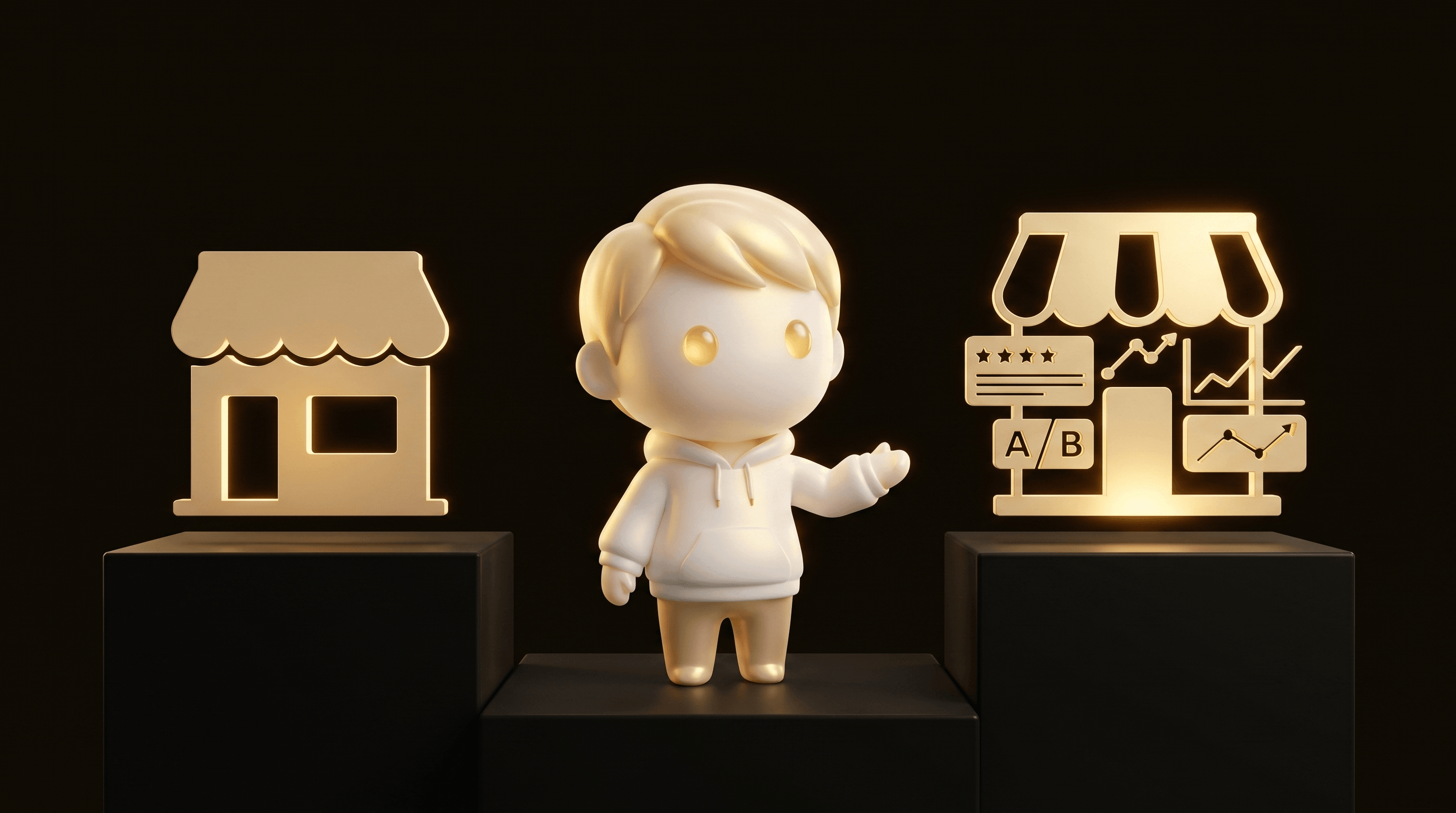 A side-by-side comparison of two glowing storefront silhouettes on twin pedestals both glowing warm gold but the right one has additional layered detail with review-mining cards and A/B test patterns, the Godmode mascot gesturing toward the right one