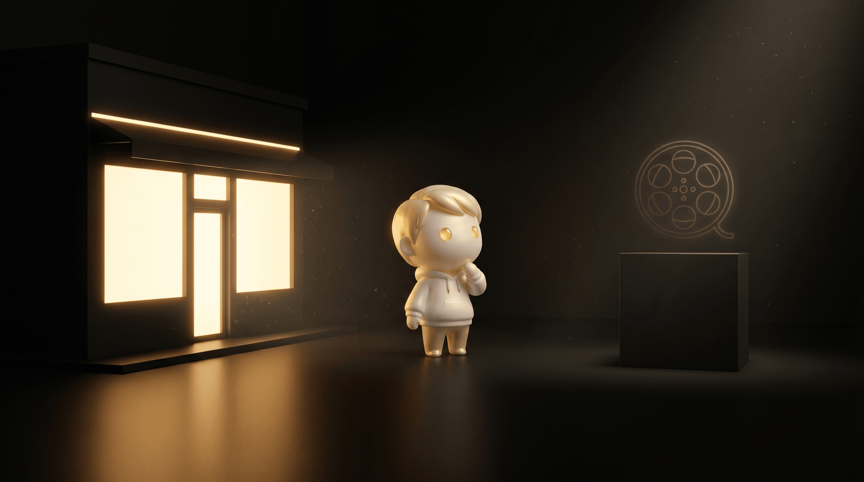A cinematic dark studio with a clean storefront silhouette on the left glowing warm gold and an empty pedestal on the right with a faint outlined unfilled film-reel glyph, the Godmode mascot looking thoughtfully at the empty pedestal