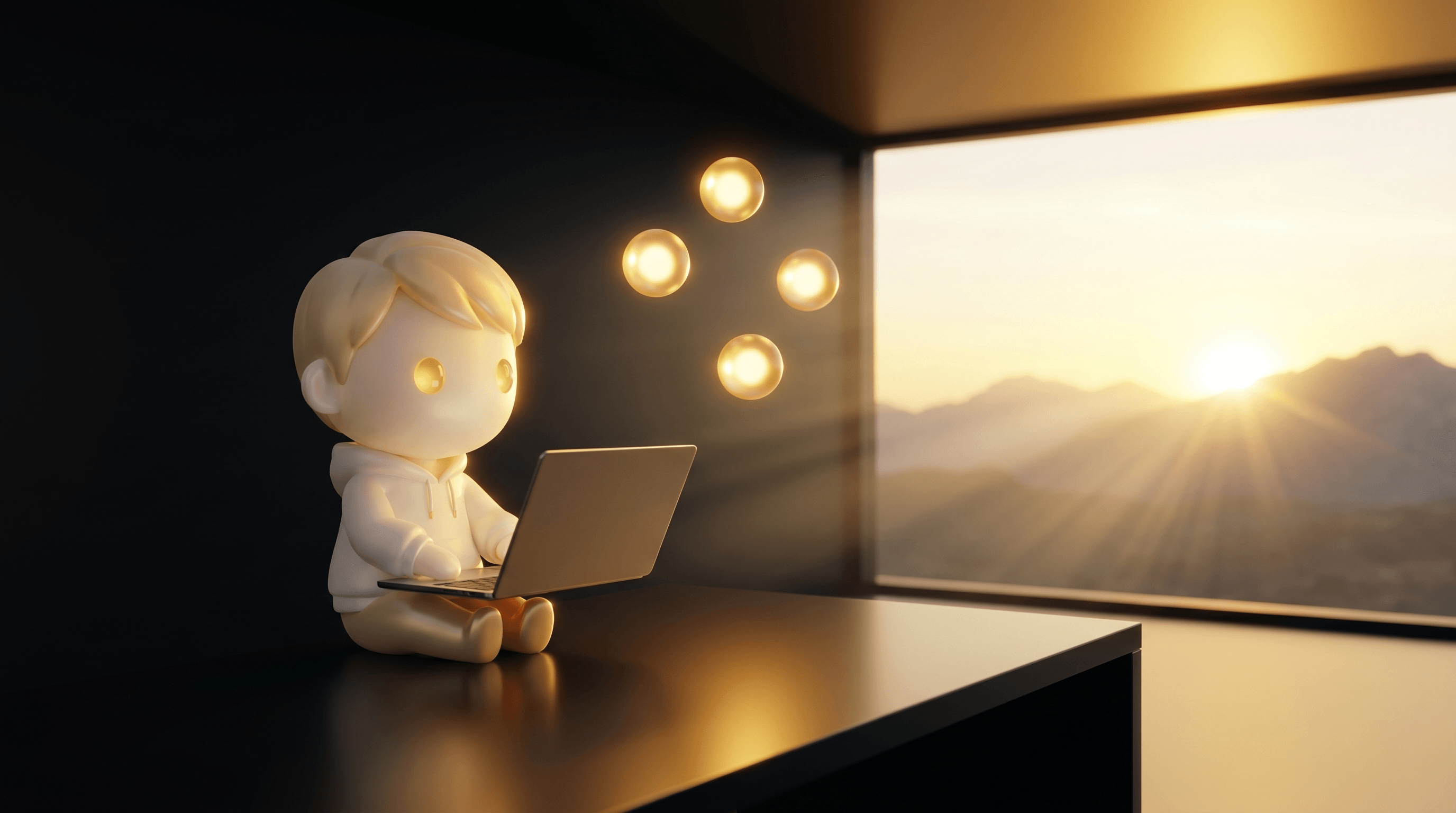 A wide quiet operator workspace at golden-hour dawn with the Godmode mascot at a clean obsidian desk, 3 glowing warm gold orbs floating above the desk representing the AI creative stack, golden sunrise breaking through a panoramic window