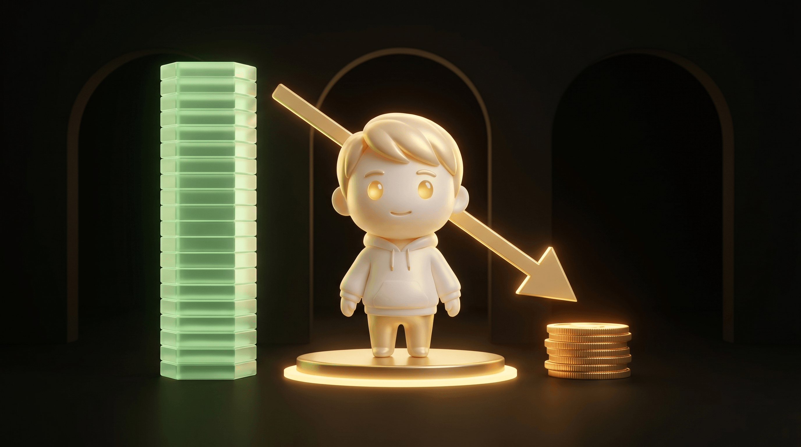 A holographic ledger floating in dark studio with two columns: a tall stack of green tiles representing the old subscription cost on the left, a much smaller stack of warm gold coins representing the new pay-per-image cost on the right, the Godmode mascot between them