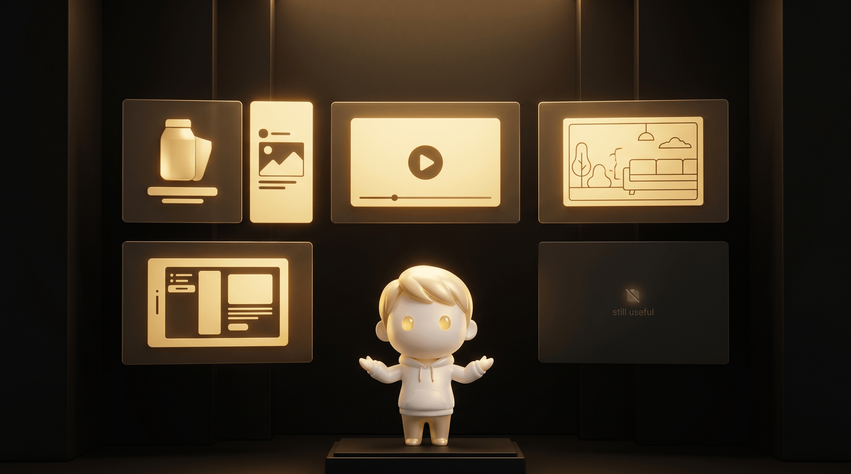 A 3-by-2 grid of 6 floating display panels in a dark studio, 5 panels glowing warm gold (replaced by AI), 1 dim panel still useful, the Godmode mascot gesturing across the gold panels