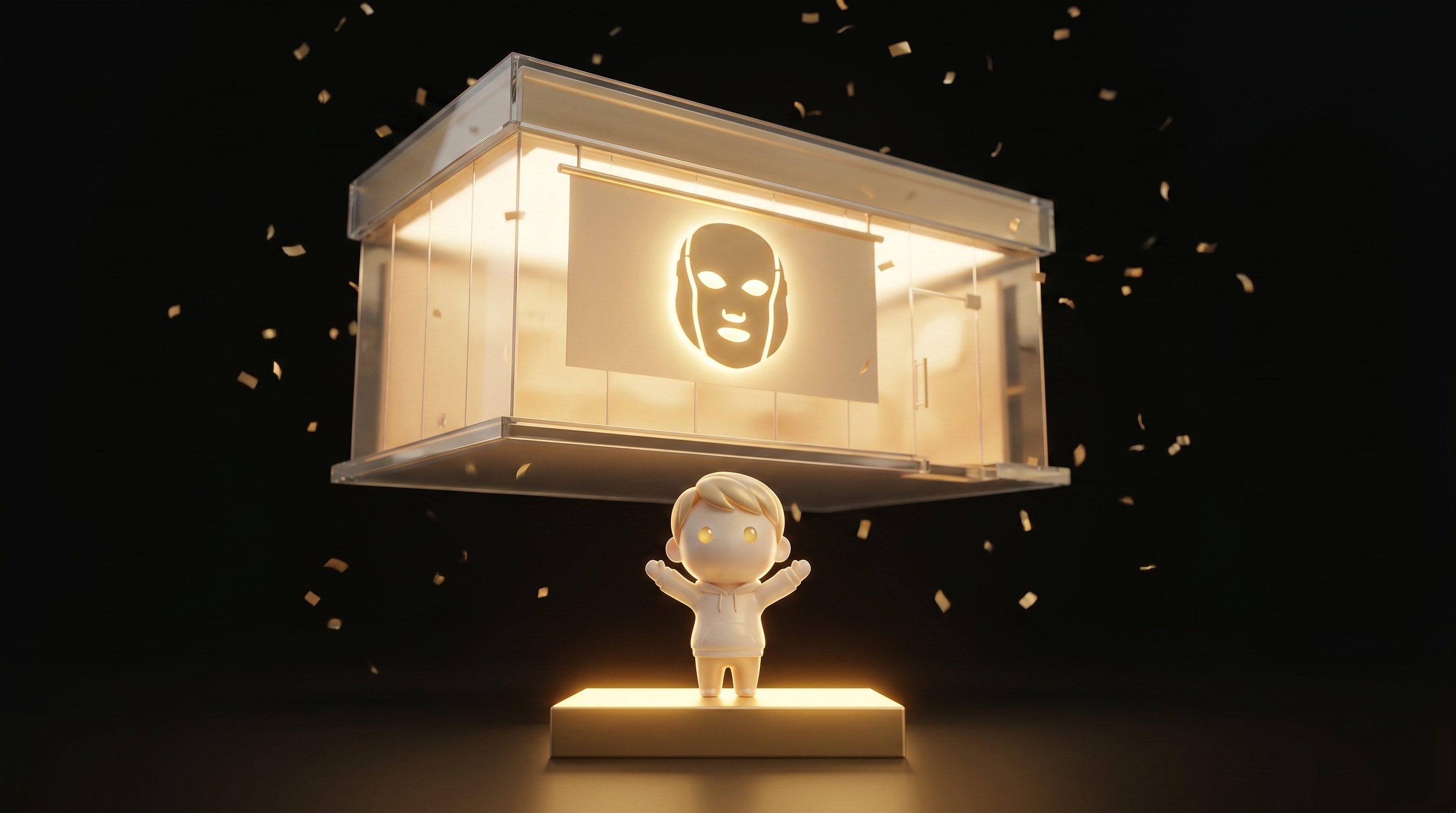The Godmode mascot presenting a polished beauty-tech storefront on a glowing pedestal