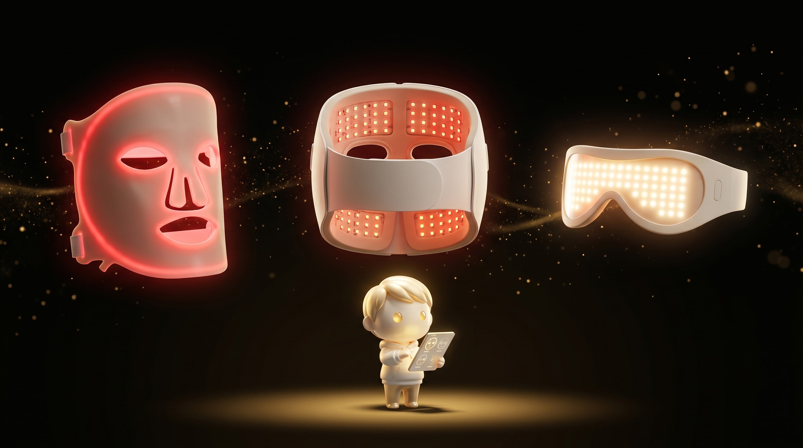 The Godmode mascot studying three different LED face mask designs floating in a horizontal row, each glowing softly red