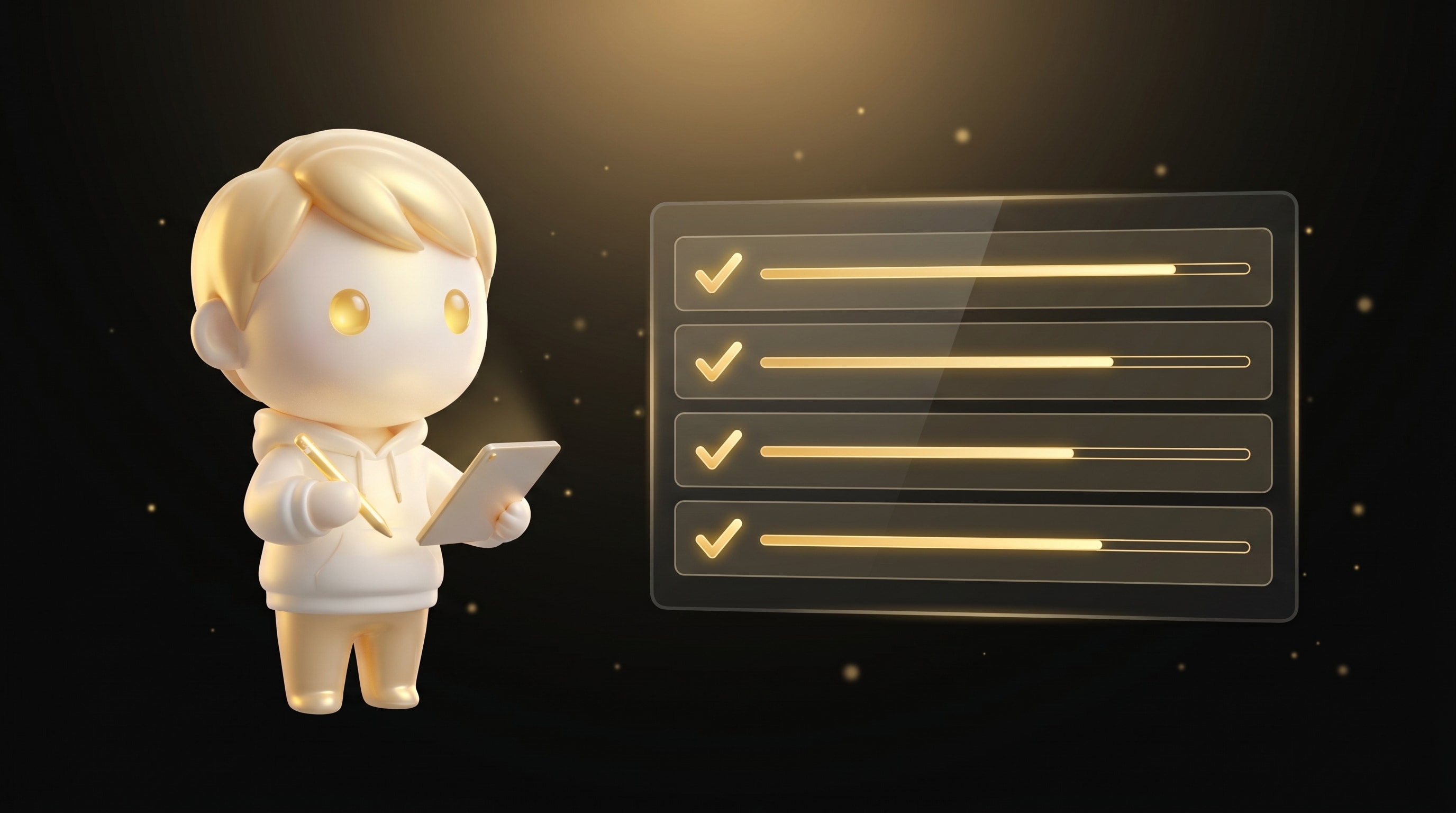 The Godmode mascot using a stylus to mark off rows on a floating glass scoreboard with audit items