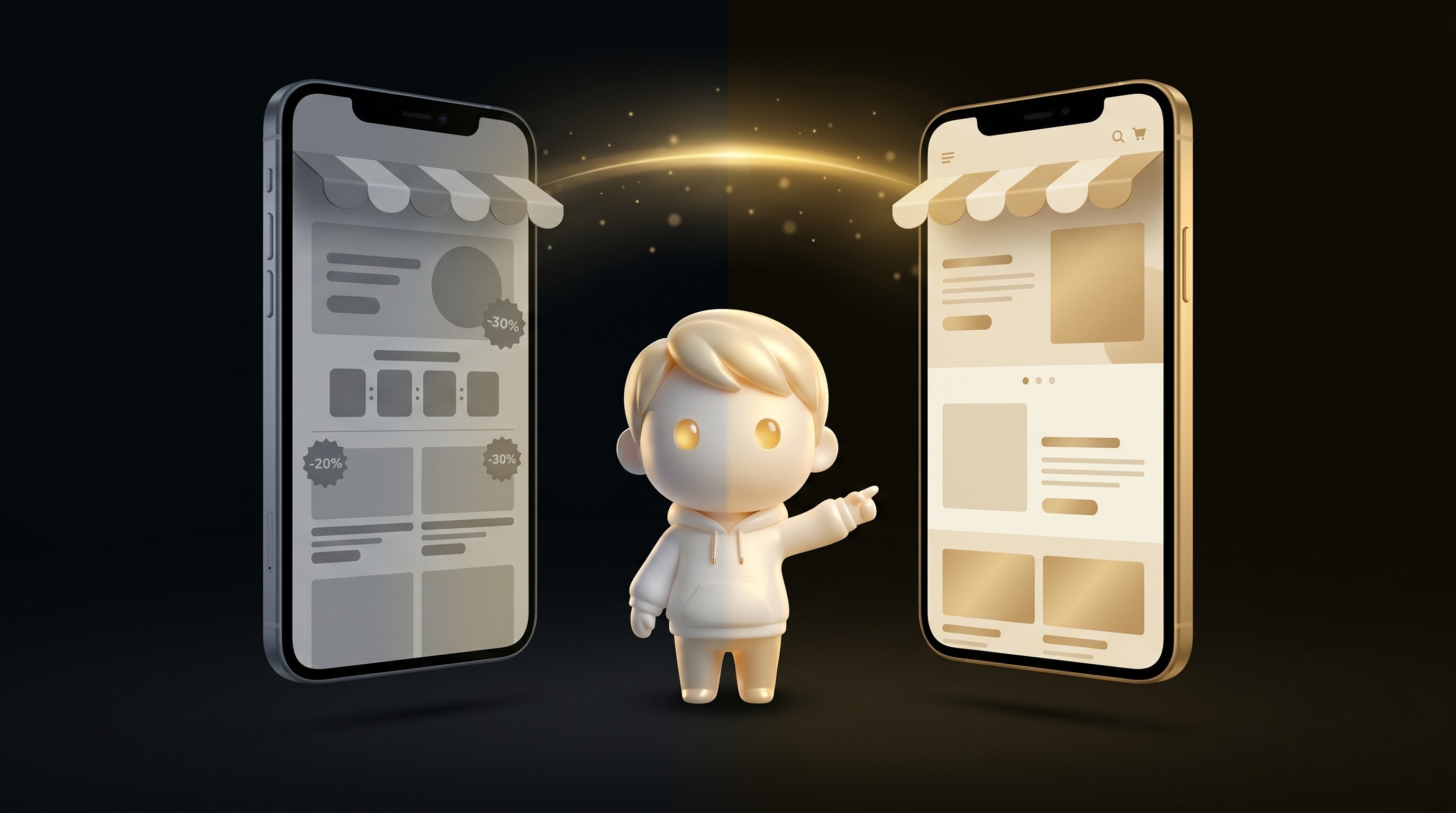 Side-by-side comparison of a generic AI-built store on the left transforming into a polished, branded version on the right, with the Godmode mascot pointing toward the polished version