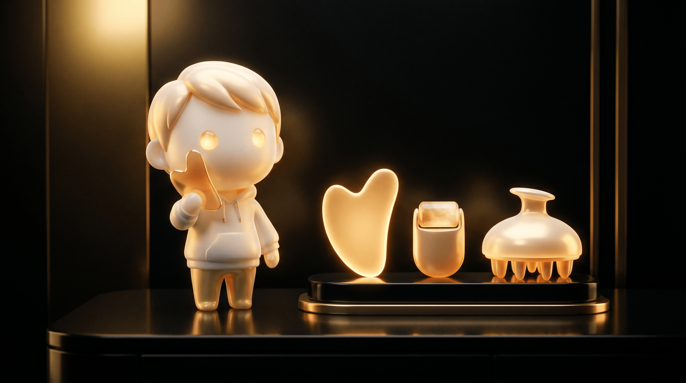 A premium beauty-tool display in a dark studio with 3 abstract beauty tool silhouettes glowing warm gold, the Godmode mascot calmly holding a gua sha tool to its own cheek in demonstration