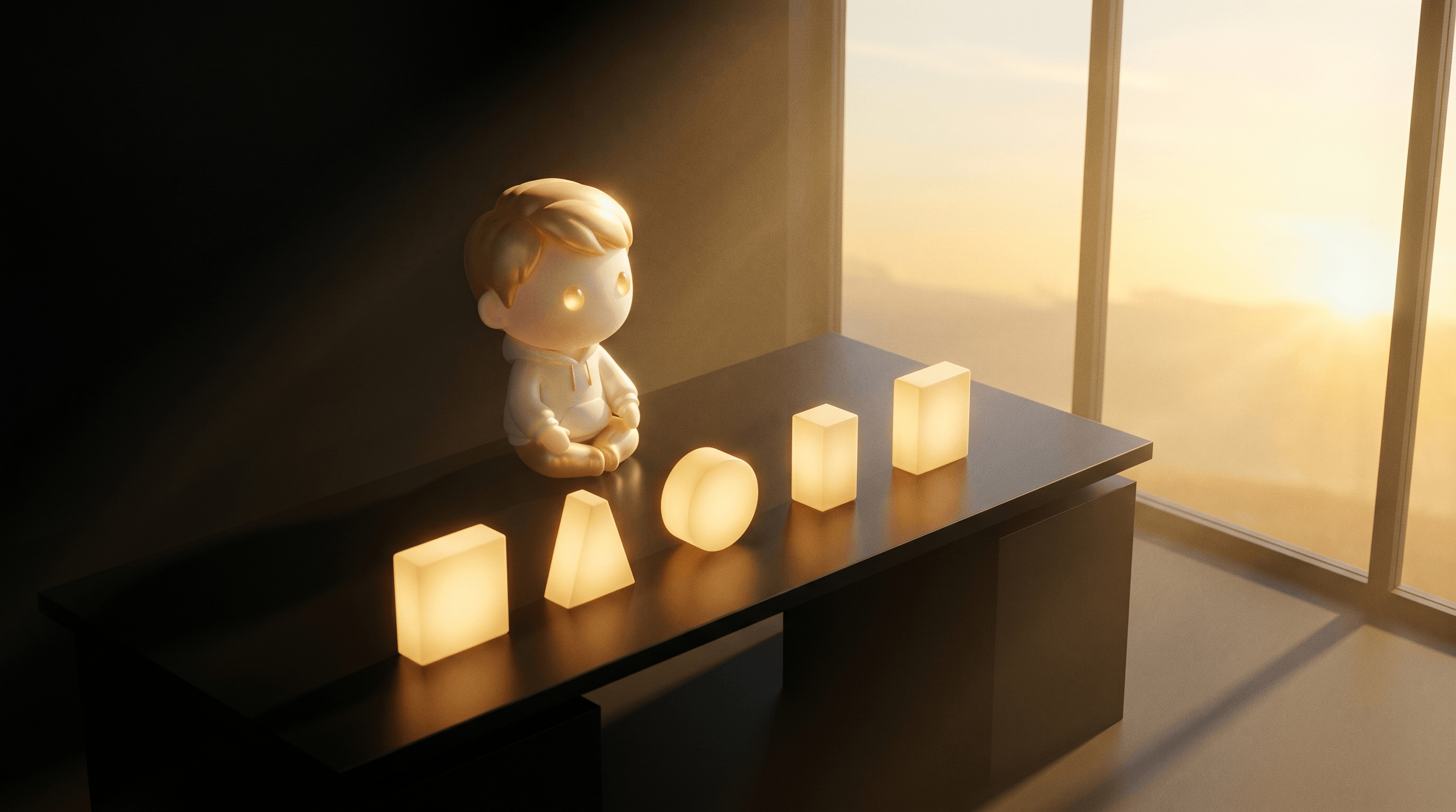 A clean obsidian operator desk holding 5 small product silhouettes in a row each glowing warm gold, the Godmode mascot sitting cross-legged at the desk looking out toward a soft golden sunrise through a panoramic window