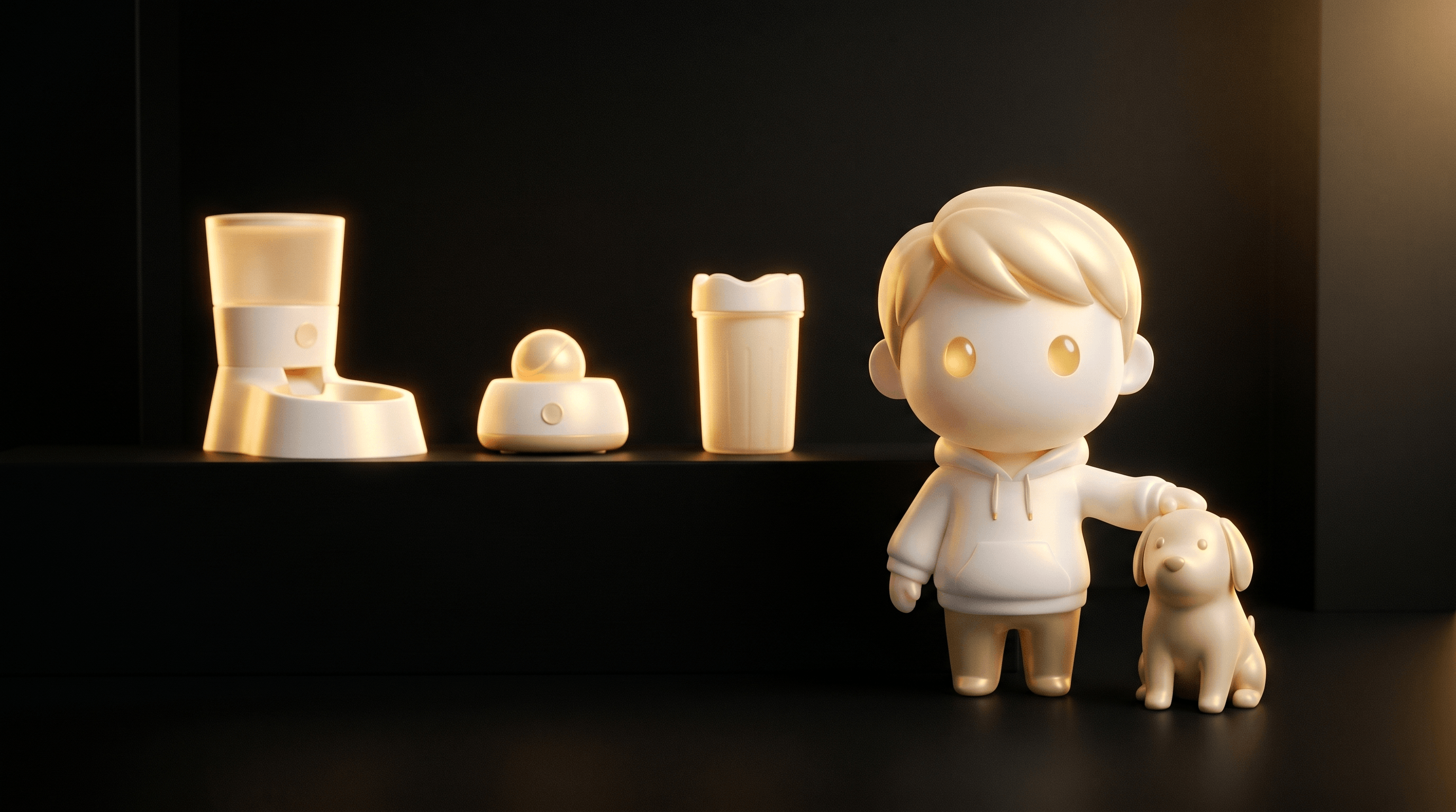 A premium pet-tech display in a moody dark studio with 3 unbranded pet gadget silhouettes, an abstract pale gold dog silhouette, and the Godmode mascot resting one hand on the dog's head