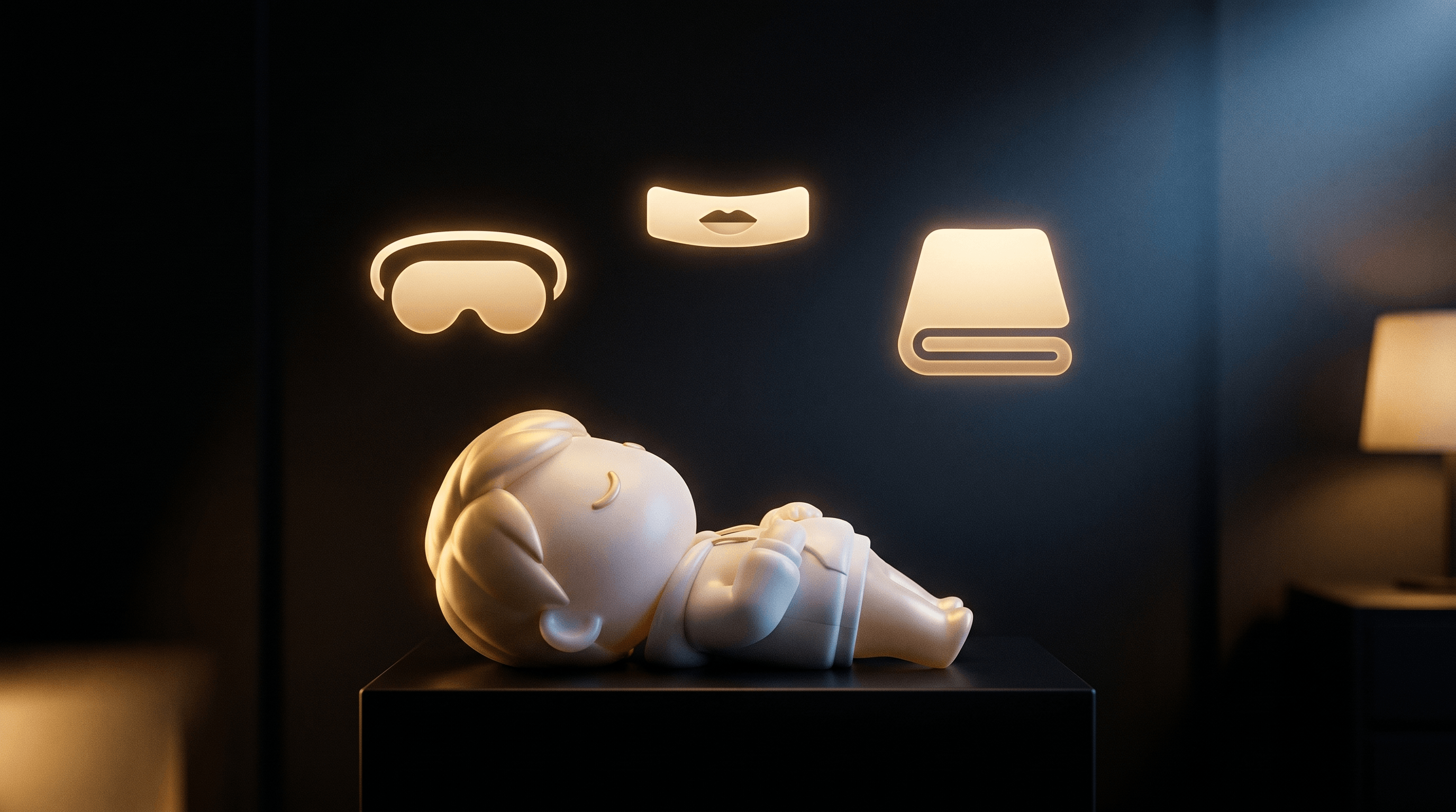 A serene bedroom-as-product-set with floating glowing sleep-tech glyphs, blue moonlight from upper-right and warm gold key light from lower-left, the Godmode mascot lying calmly on a small obsidian platform with eyes closed