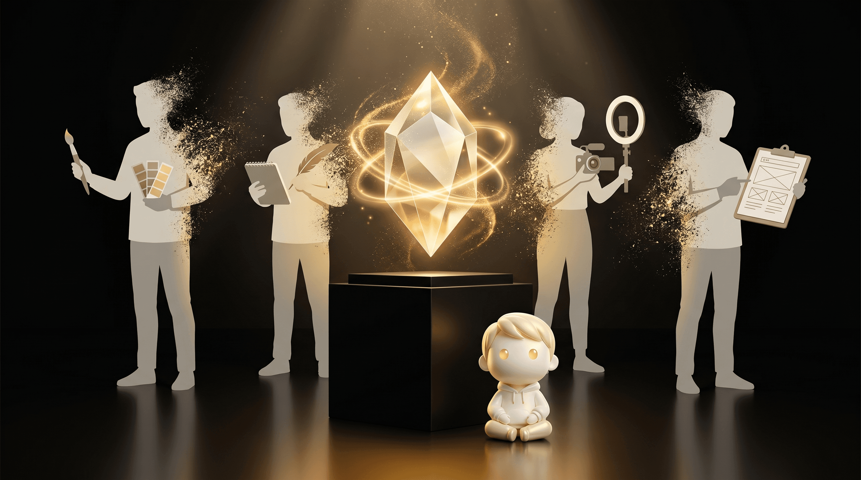 A single glowing AI core on a pedestal in a minimalist studio, with the abstract silhouettes of a designer, copywriter, UGC creator, and page builder dissolving into gold particles around it, the Godmode mascot observing