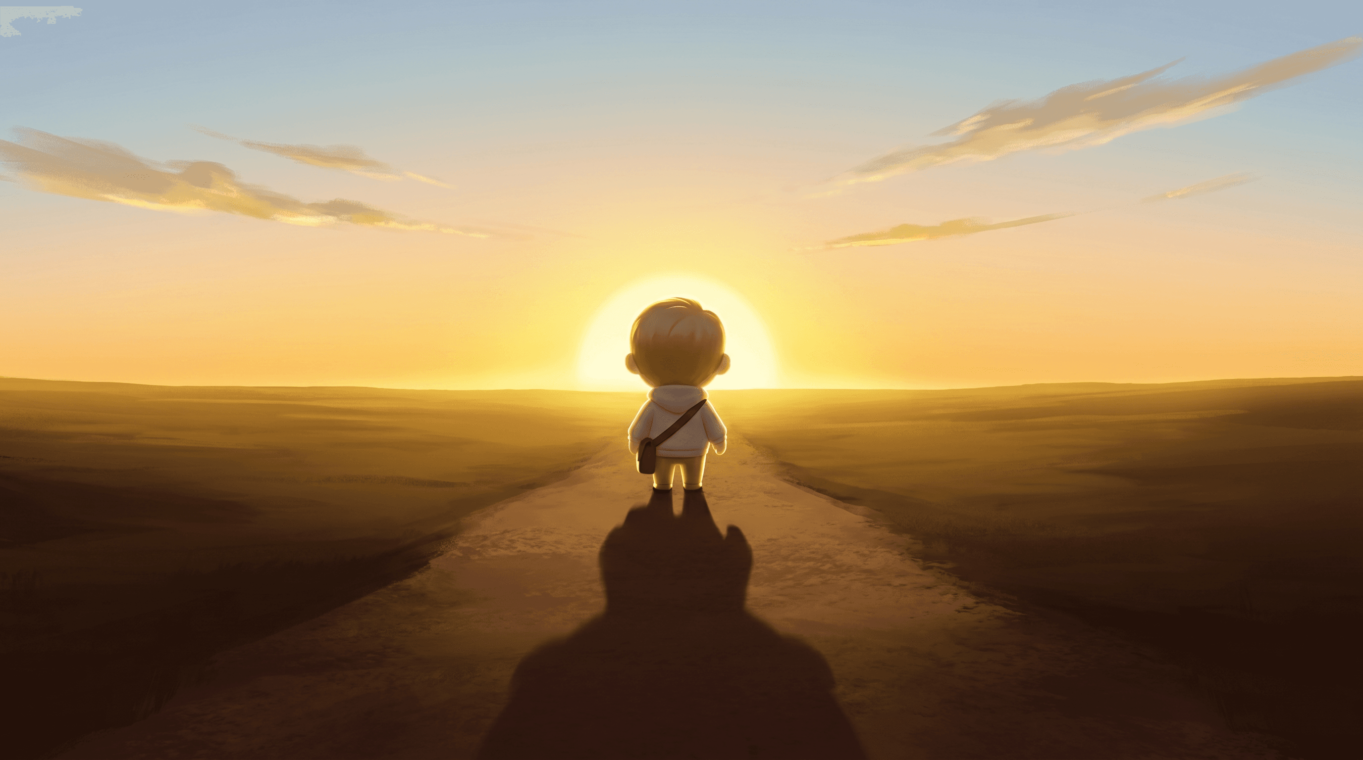 The Godmode mascot alone from behind, walking toward a golden sunrise across a wide empty landscape, long shadow trailing behind