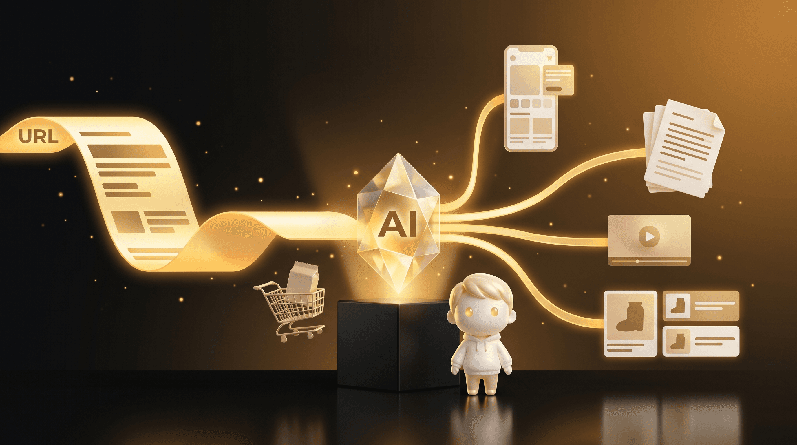 An AliExpress product link being pasted into an AI store builder, with page, copy, ad creative, and a hero video flowing out the other side, the Godmode mascot orchestrating the flow