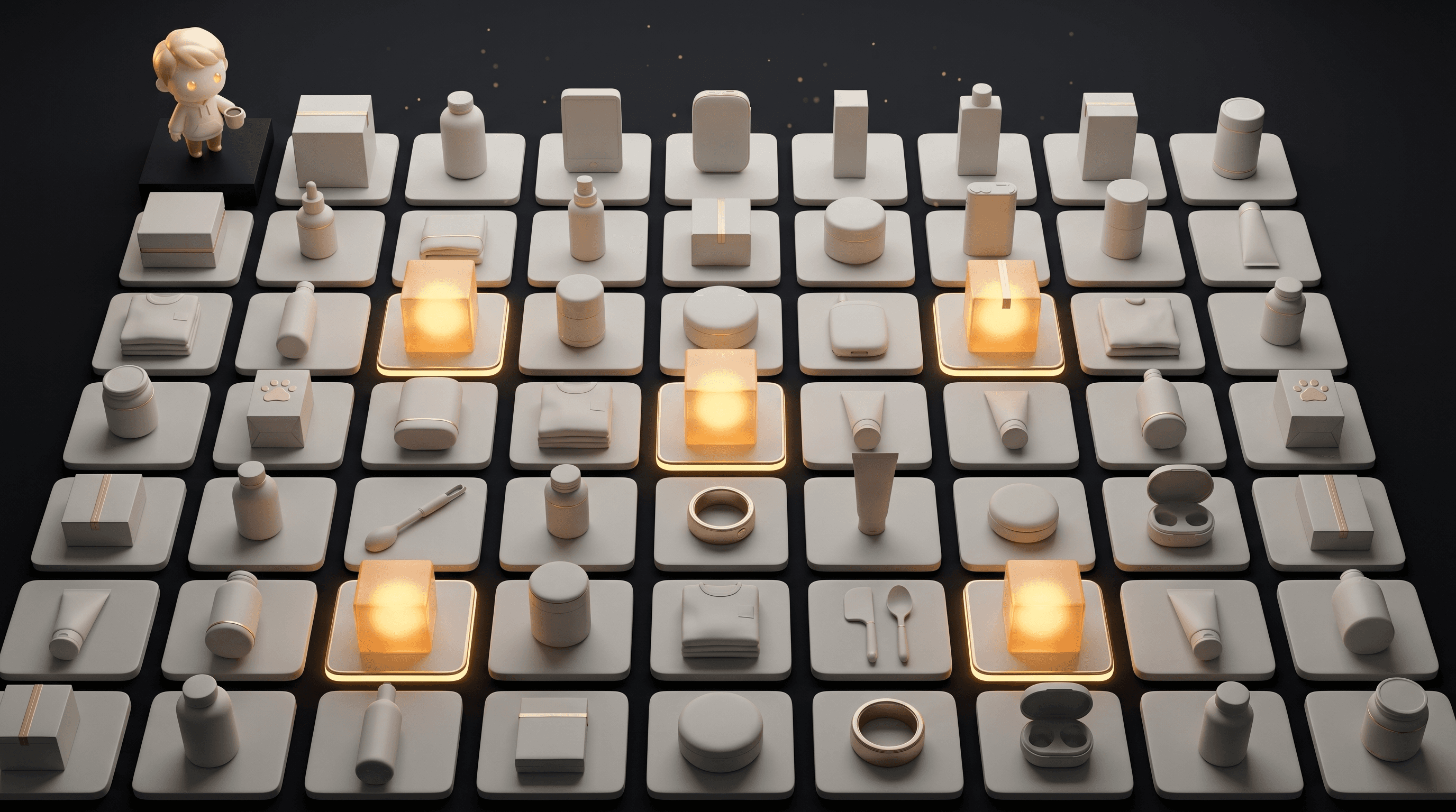 A vast grid of 100 unbranded products, a few of them glowing gold to indicate winners, the Godmode mascot overseeing from a platform with a cup of coffee