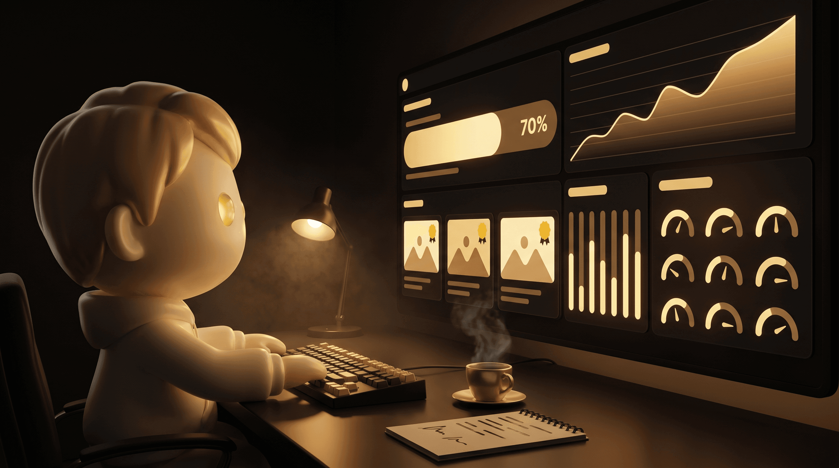 An ad-campaign dashboard at night, conversion rate data lighting up in warm gold as paid traffic arrives, the Godmode mascot at the keyboard reading the metrics