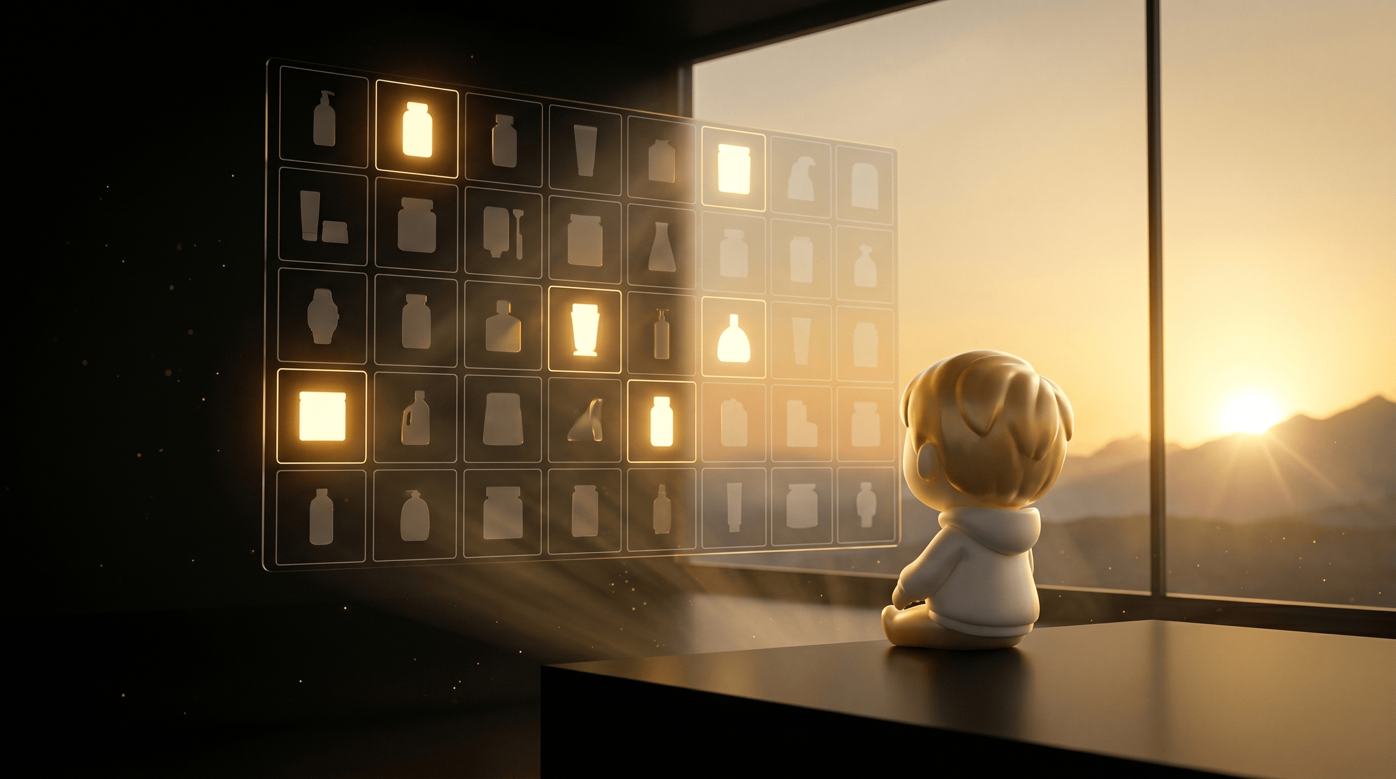 A massive holographic 5x8 grid of 40 product silhouettes with 6 glowing gold winners, the Godmode mascot looking out from behind toward a soft golden sunrise breaking across distant mountains