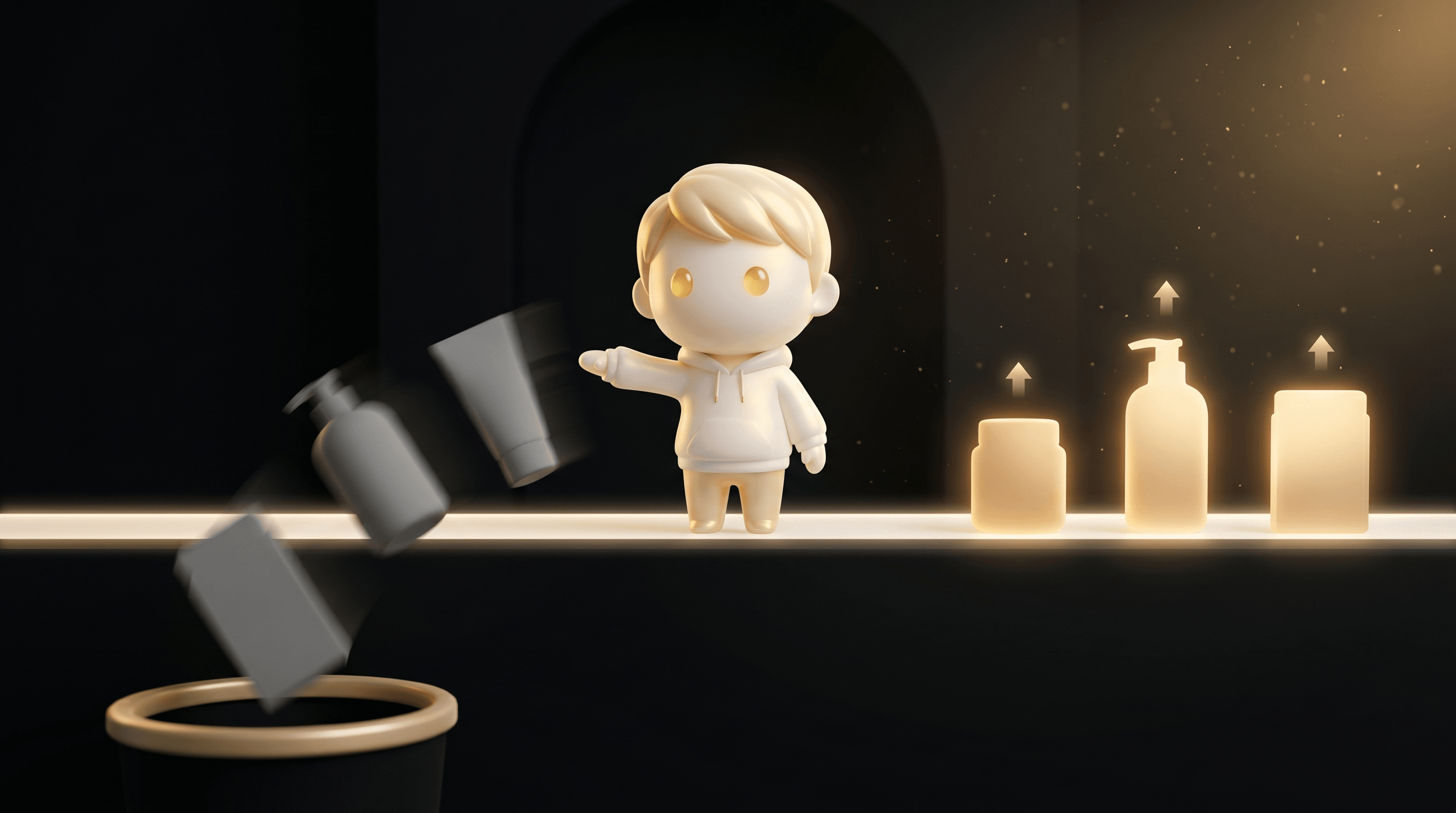 A horizontal track with 6 product silhouettes lined up. The Godmode mascot has just decisively swept 3 dim losers off the track into a wastebin while 3 glowing gold winners remain with upward arrows above them