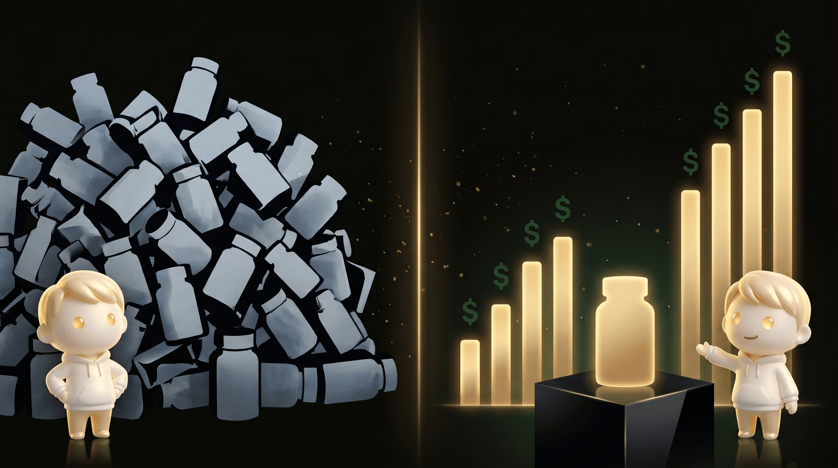 A split-frame: on the left a chaotic pile of 30 identical product silhouettes representing a saturated viral product, on the right a single clean product on a pedestal with rising warm gold conversion bar charts behind it, the Godmode mascot present on both sides