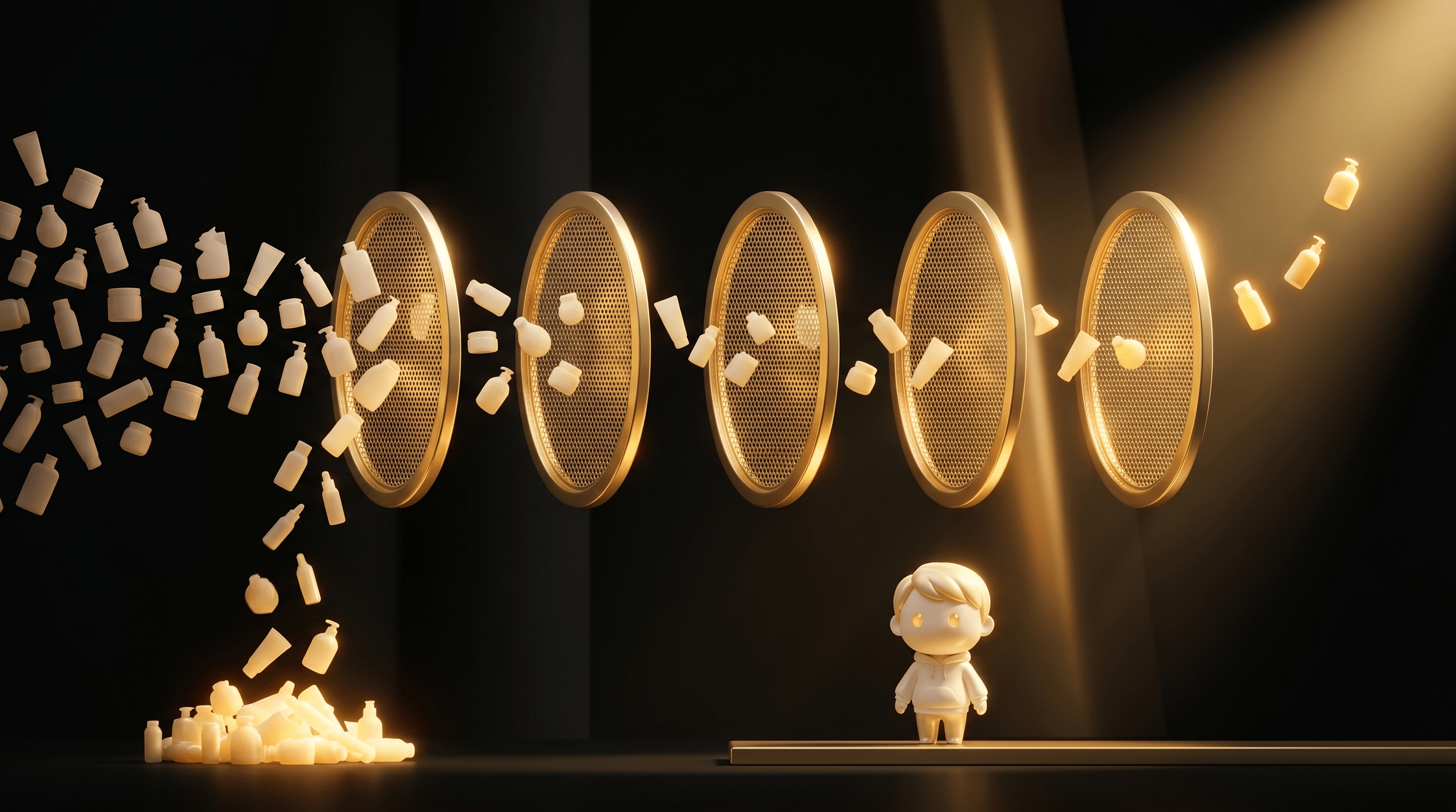 A horizontal cinematic flow of 5 floating glowing sieve-style filter rings, a stream of 40 product silhouettes flowing into them and being progressively culled until only 2-3 glowing winners reach the right edge, the Godmode mascot observing