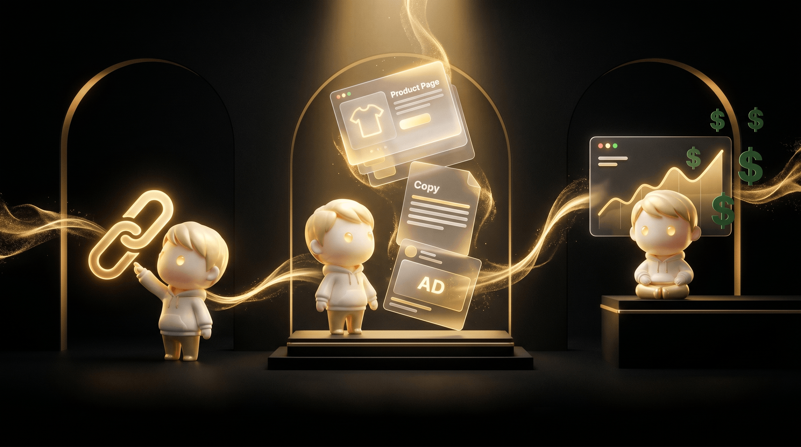 A horizontal flow of 3 stages connected by warm gold light streams: a chain-link icon (pasted URL), a stack of generated page cards, and a rising line graph dashboard, the Godmode mascot present at each stage