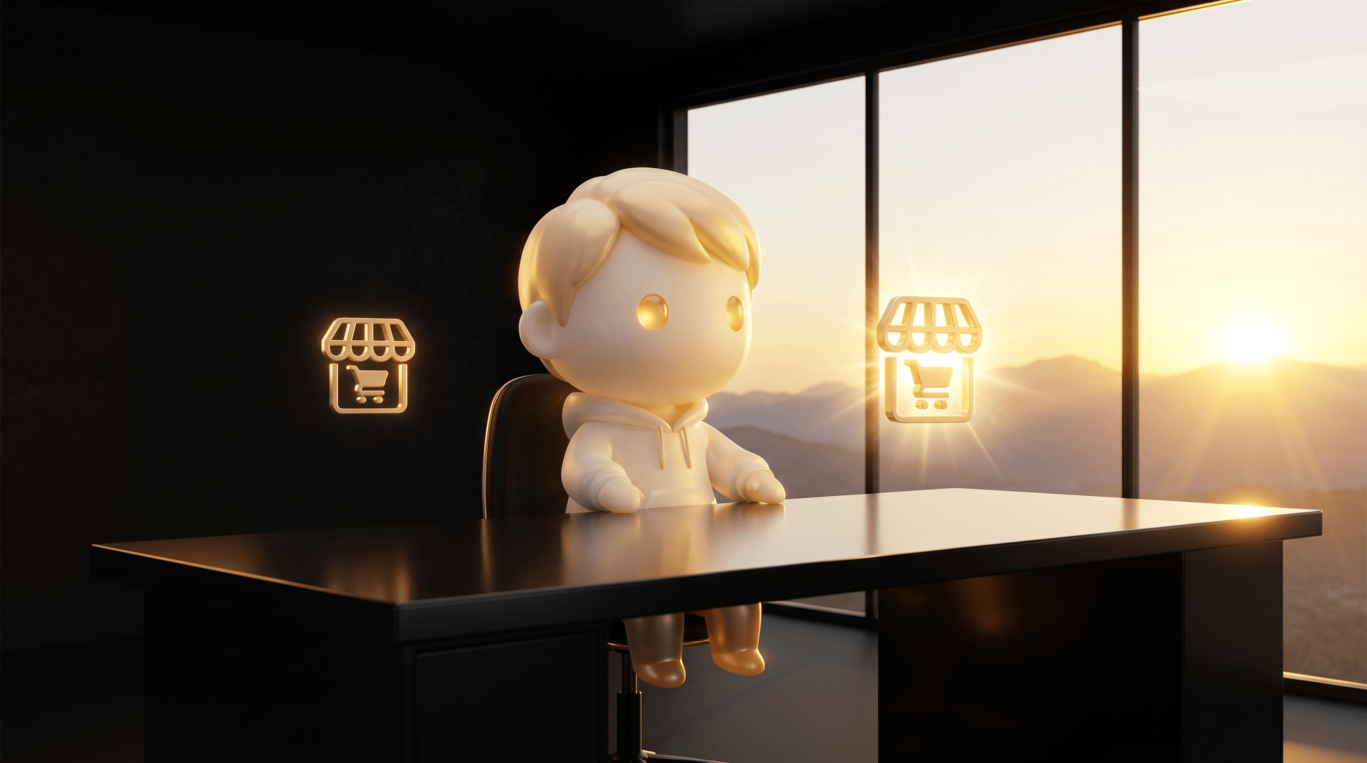A wide quiet operator workspace at golden-hour dawn with the Godmode mascot at a clean obsidian desk, two storefront-checkout icons floating above the desk both glowing warm gold but one slightly brighter, golden sunrise breaking through a panoramic window