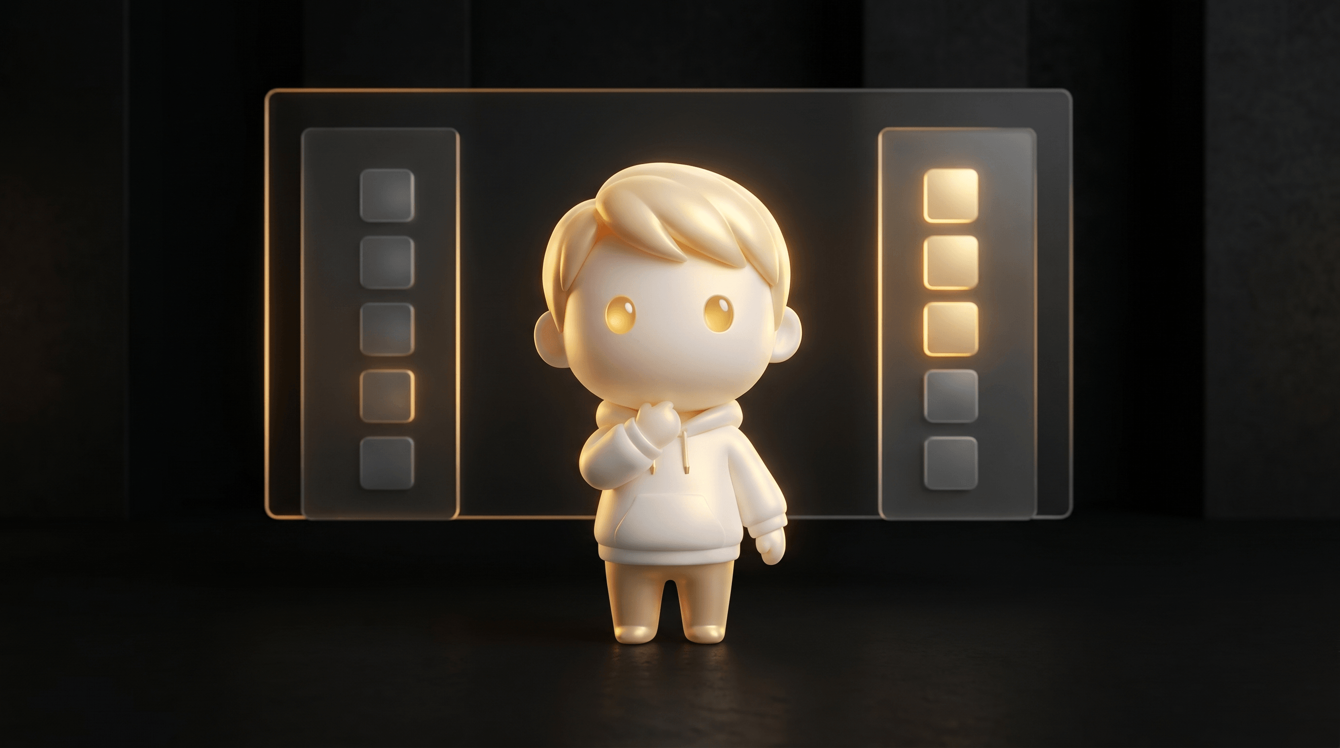 A holographic 2-column comparison table floating in dark studio with floating row tiles representing features, some glowing gold and some dim grey, the right column with slightly more gold tiles, the Godmode mascot evaluating