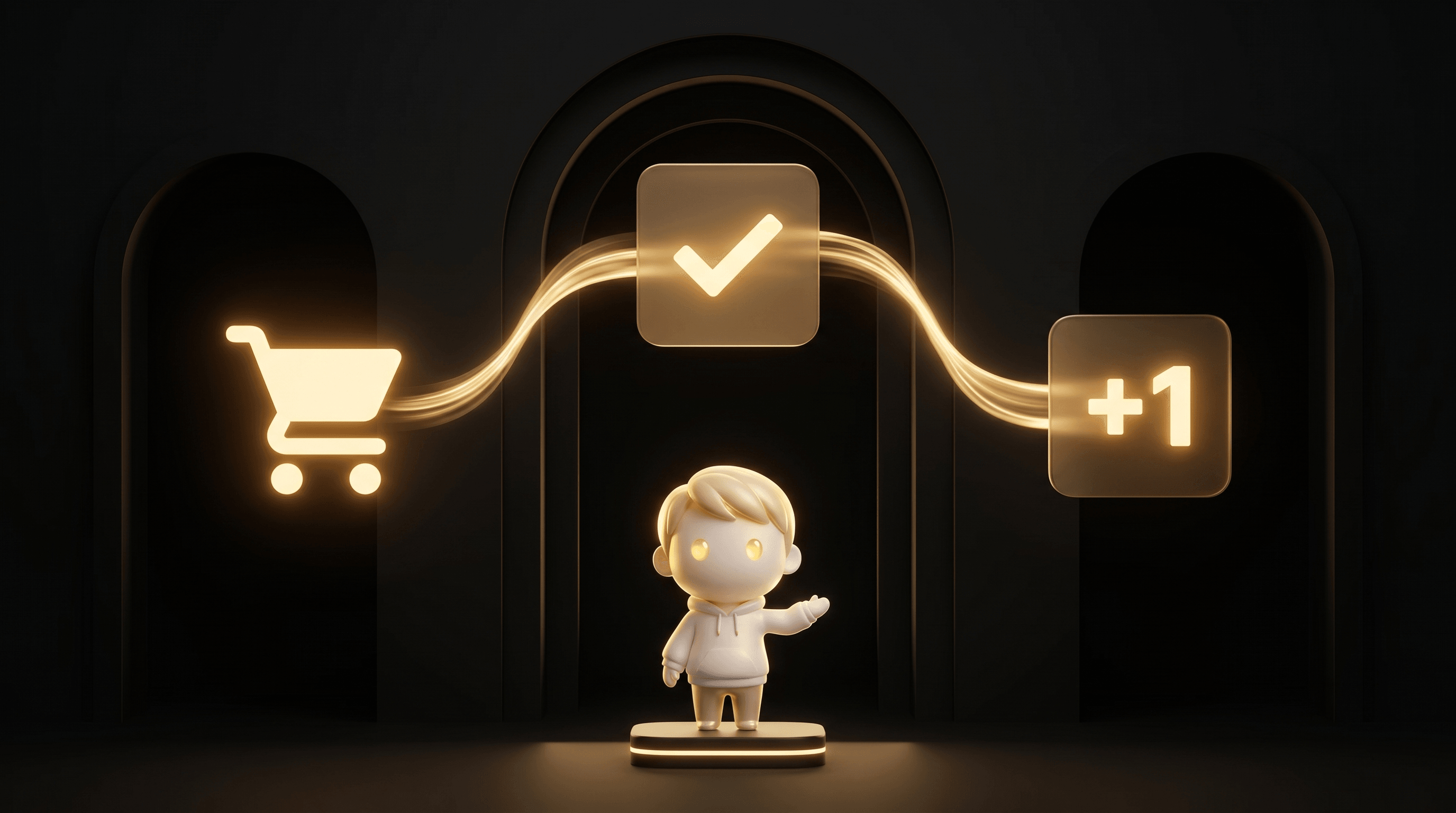 A cinematic flowing horizontal sequence: checkout cart silhouette, thank-you page tile with checkmark, and upsell bump tile with +1 glyph, all glowing warm gold connected by gold light streams, the Godmode mascot orchestrating from below