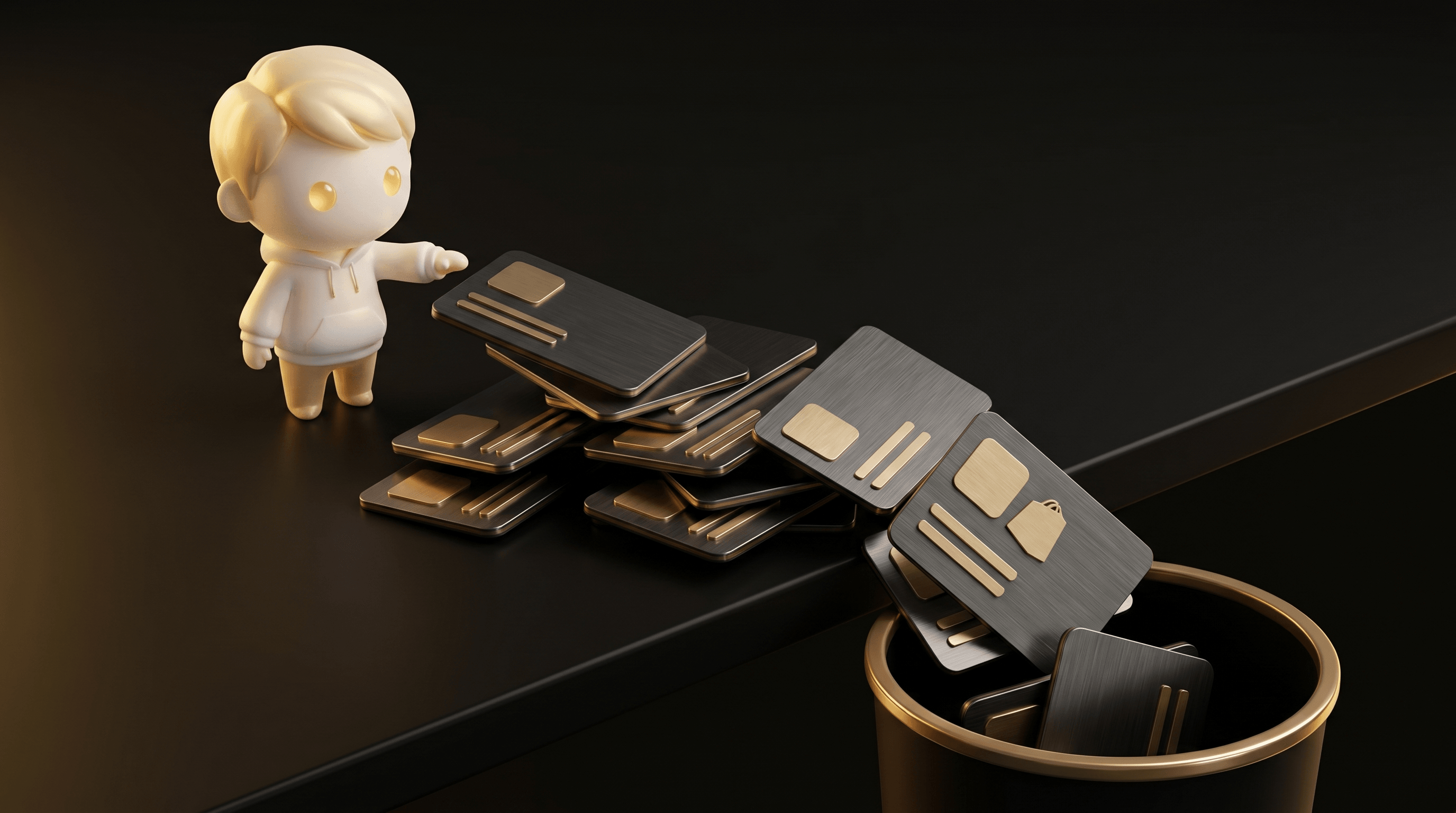 A cinematic pile of 12 abstract Shopify app card silhouettes being swept off a desk into a gold-rimmed obsidian wastebin, the Godmode mascot mid-sweep with a calm decisive posture