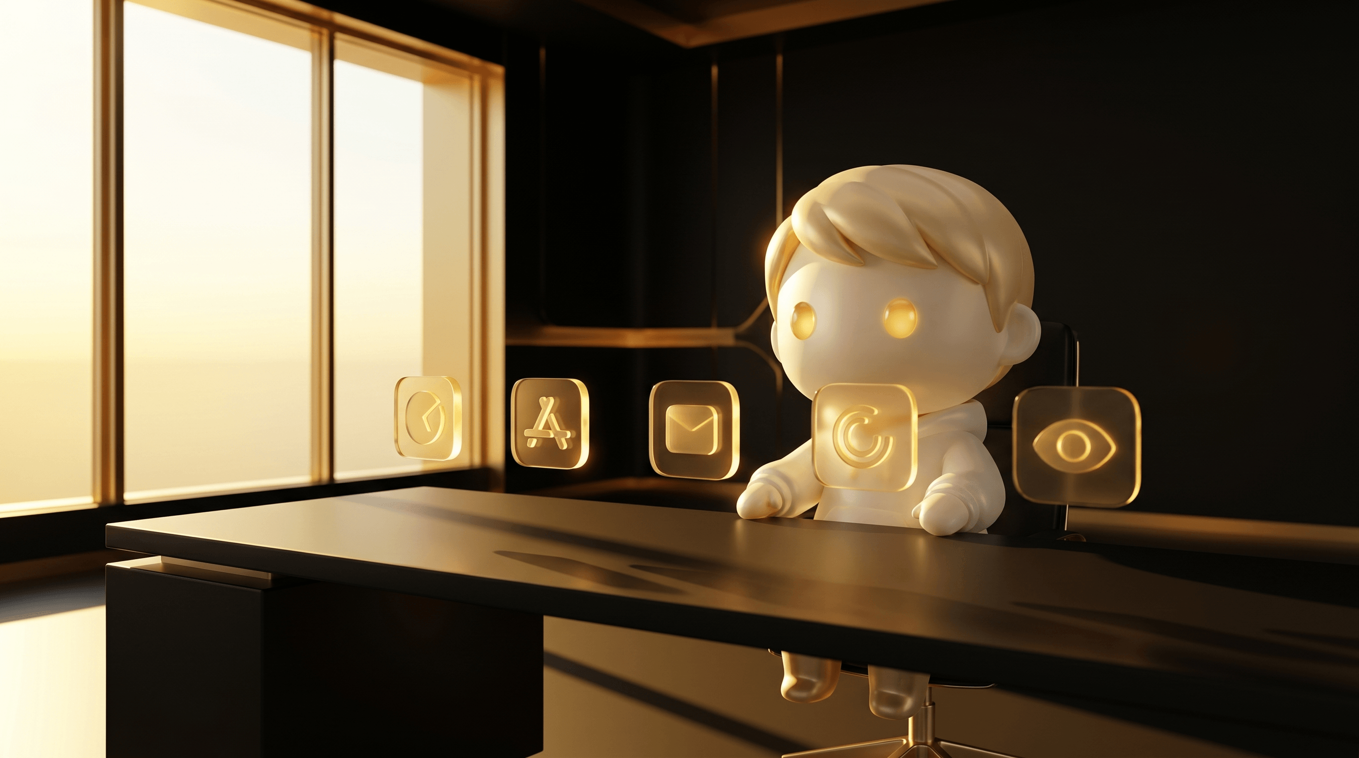 A wide quiet operator workspace at golden-hour dawn with the Godmode mascot at a clean obsidian desk and 5 small glowing app icons floating above the desk, golden sunrise breaking through a panoramic window