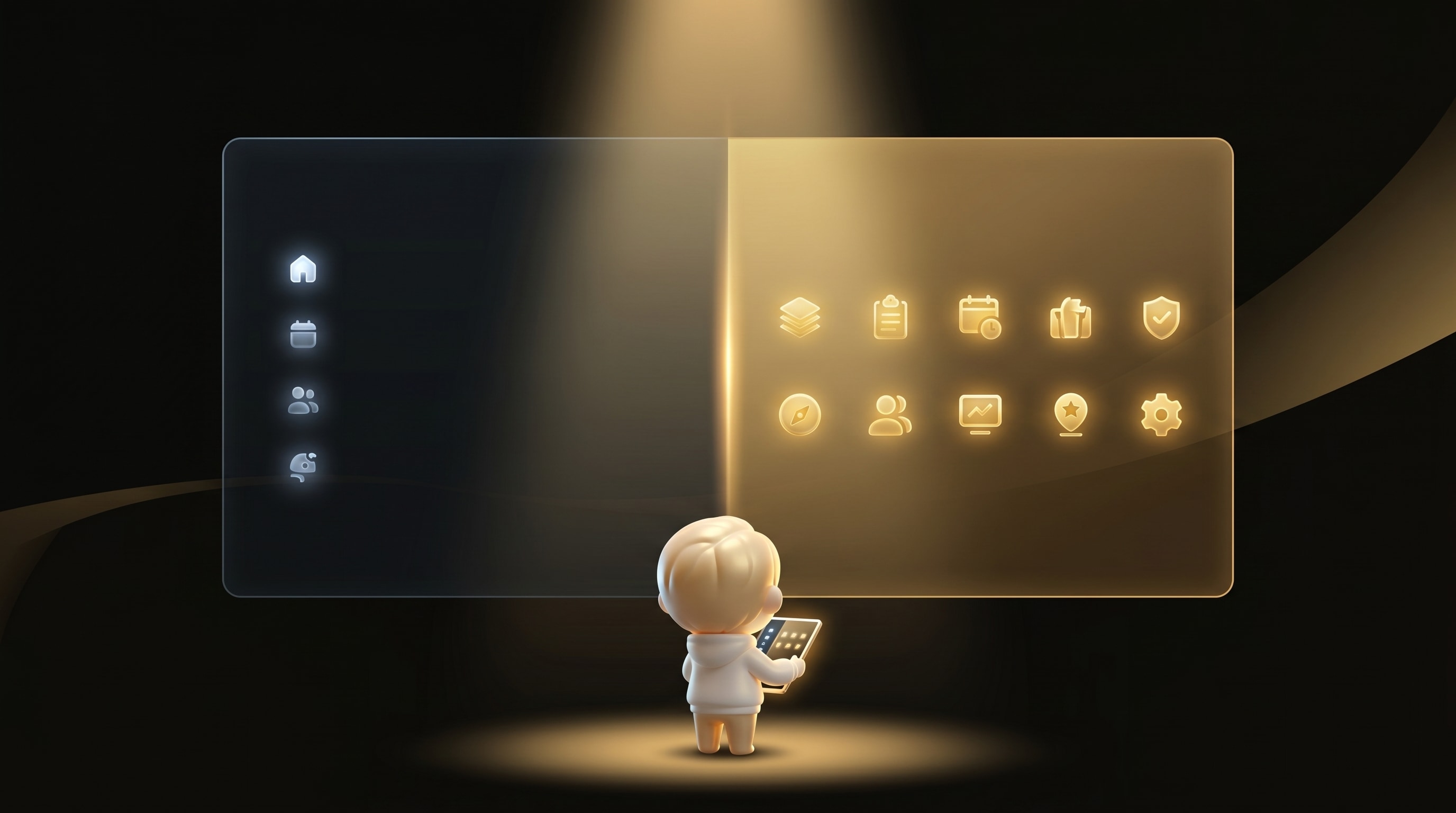 The Godmode mascot studying a wide horizontal dashboard comparing a small set of Shopify Magic features on the left to a denser feature grid of a purpose-built AI store builder on the right