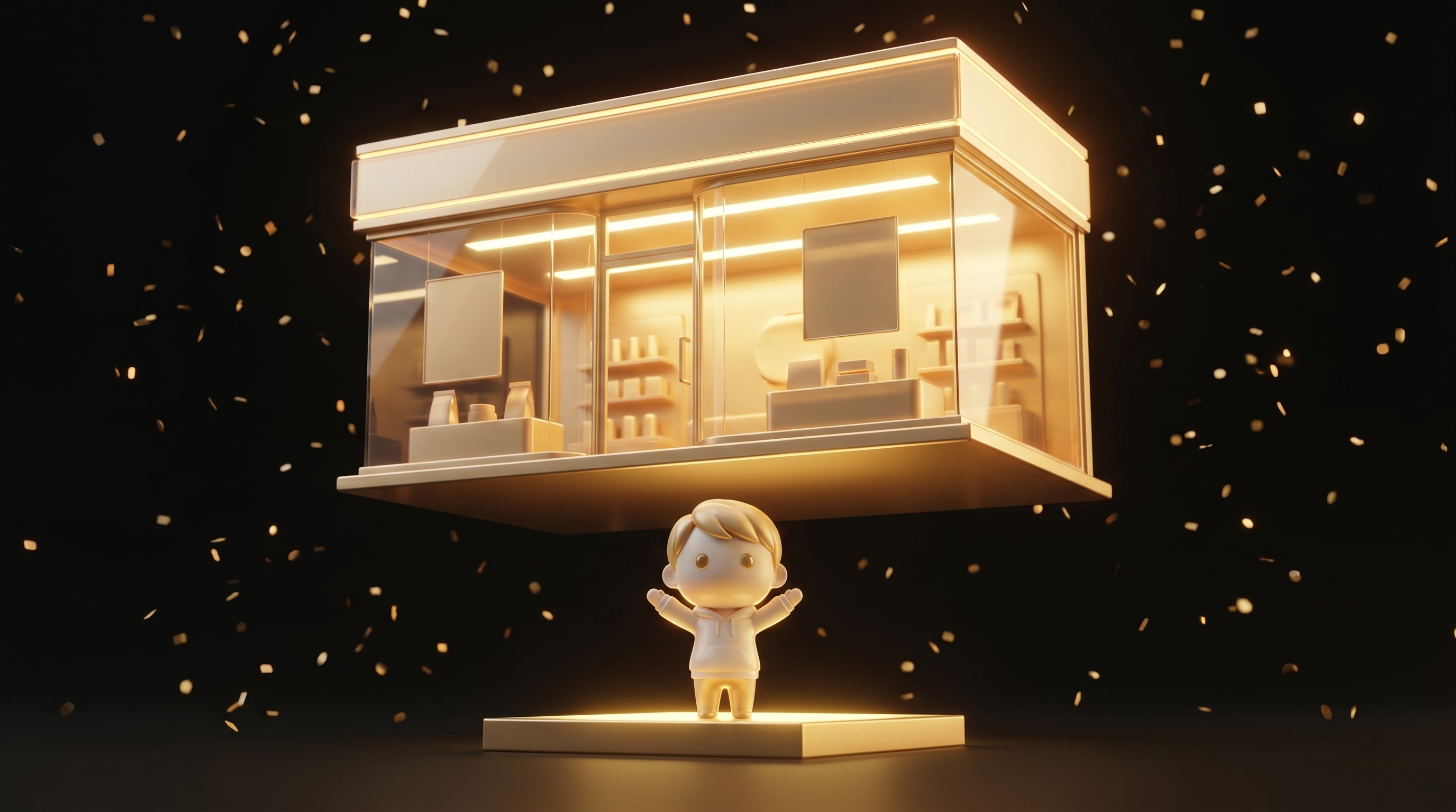 The Godmode mascot presenting a polished branded storefront on a glowing pedestal