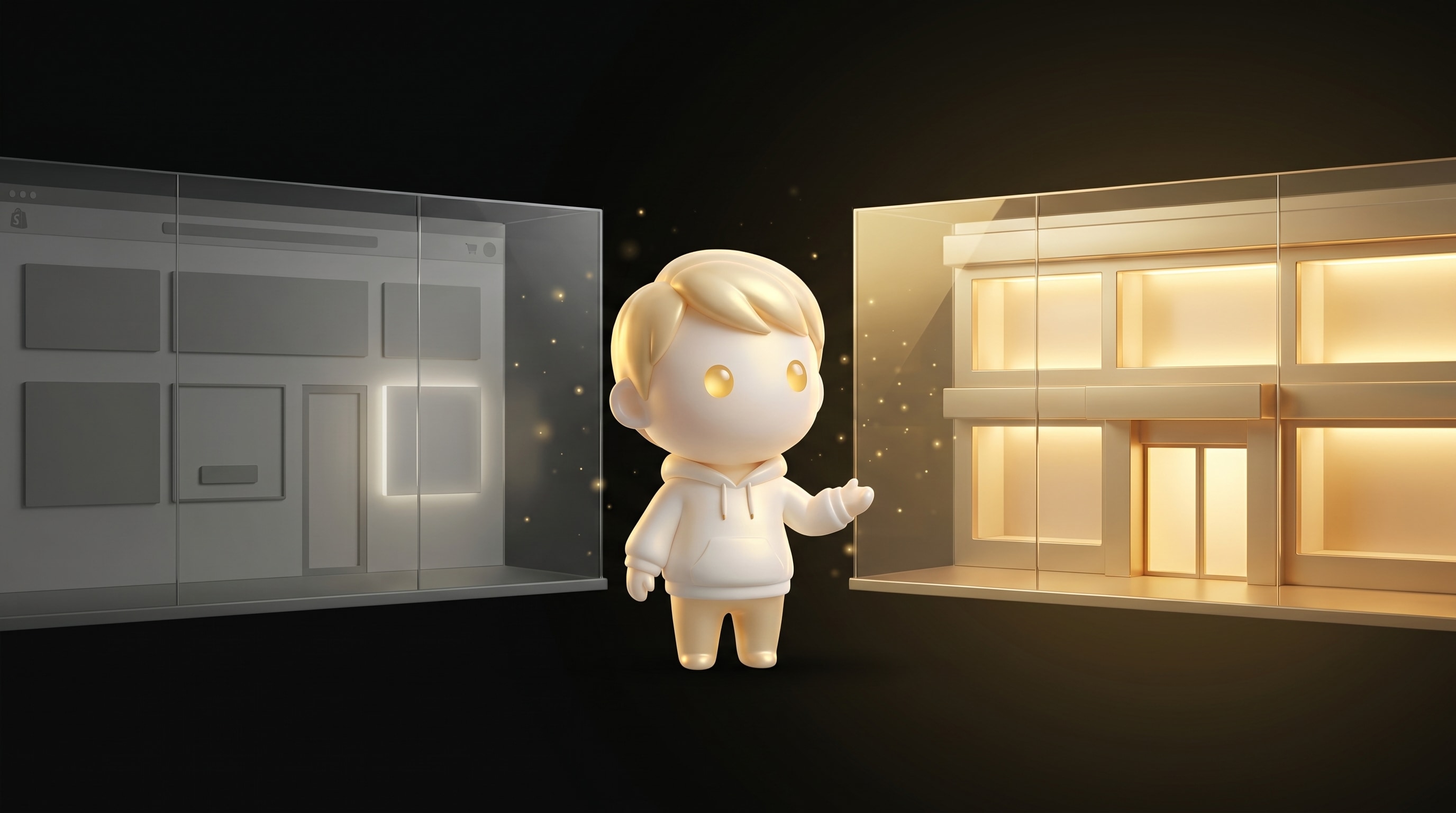 The Godmode mascot standing between two storefront panels, comparing Shopify Magic on the left to a purpose-built AI store builder on the right