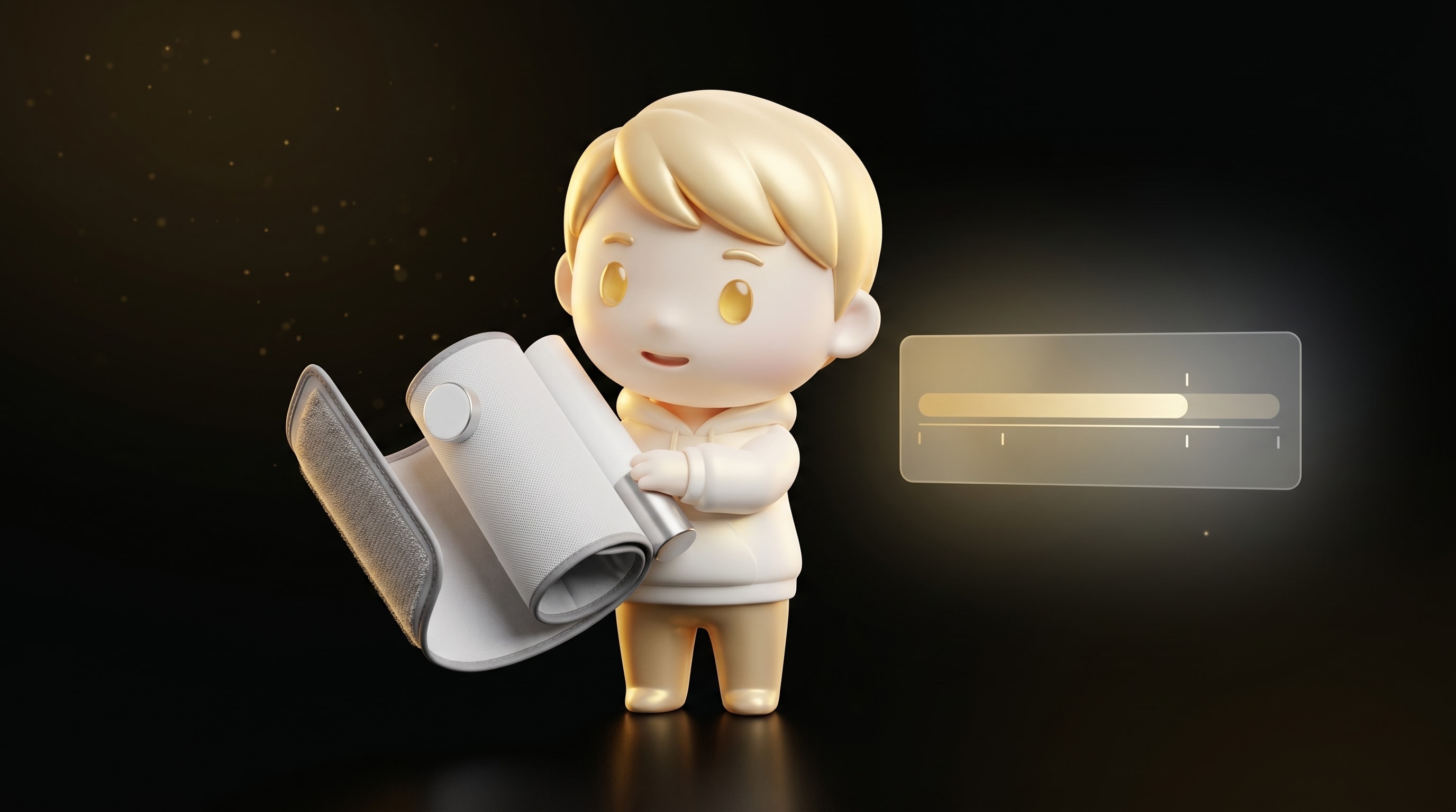 The Godmode mascot demonstrating how to fit an upper-arm blood pressure cuff, with a floating gold gradient measurement diagram showing the size range